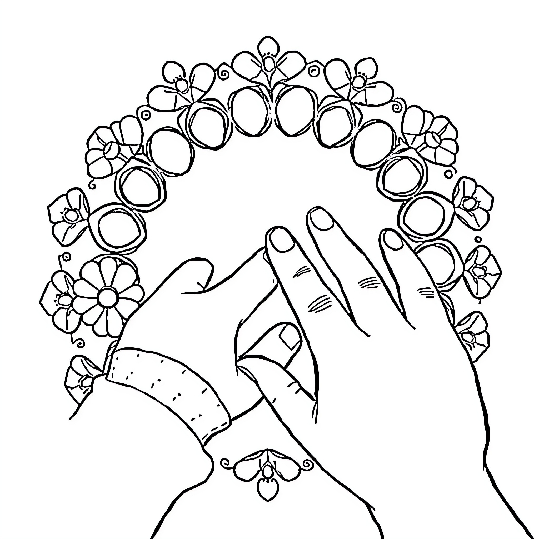 Bebe Creating a Floral Wreath Coloring Page (free black-and-white line drawing printable PDF for all, from beginners to advanced learners, including children, teens, adults, and seniors)