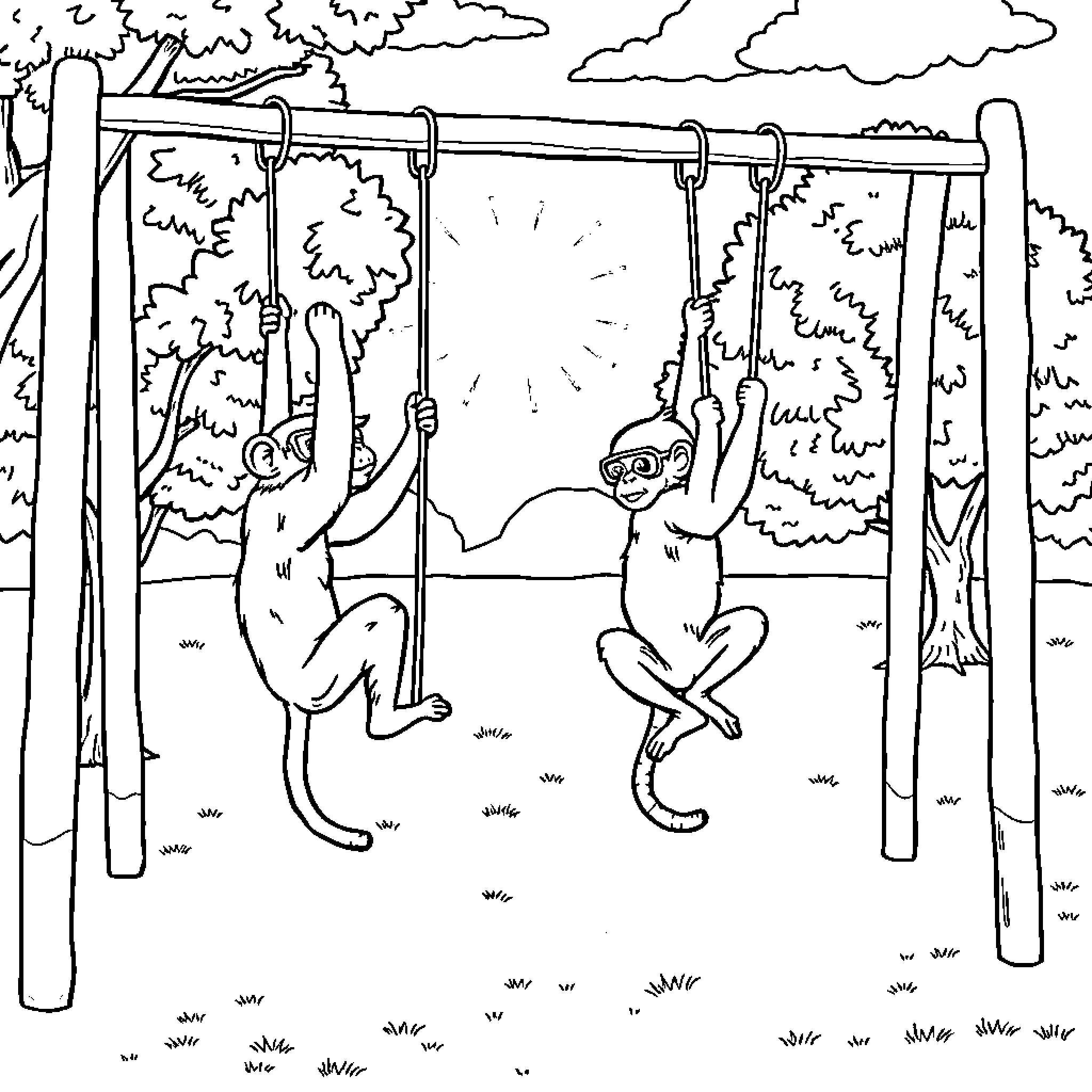 Monkeys swinging playfully on jungle gym Coloring Page (free black-and-white line drawing printable PDF for all, from beginners to advanced learners, including children, teens, adults, and seniors)