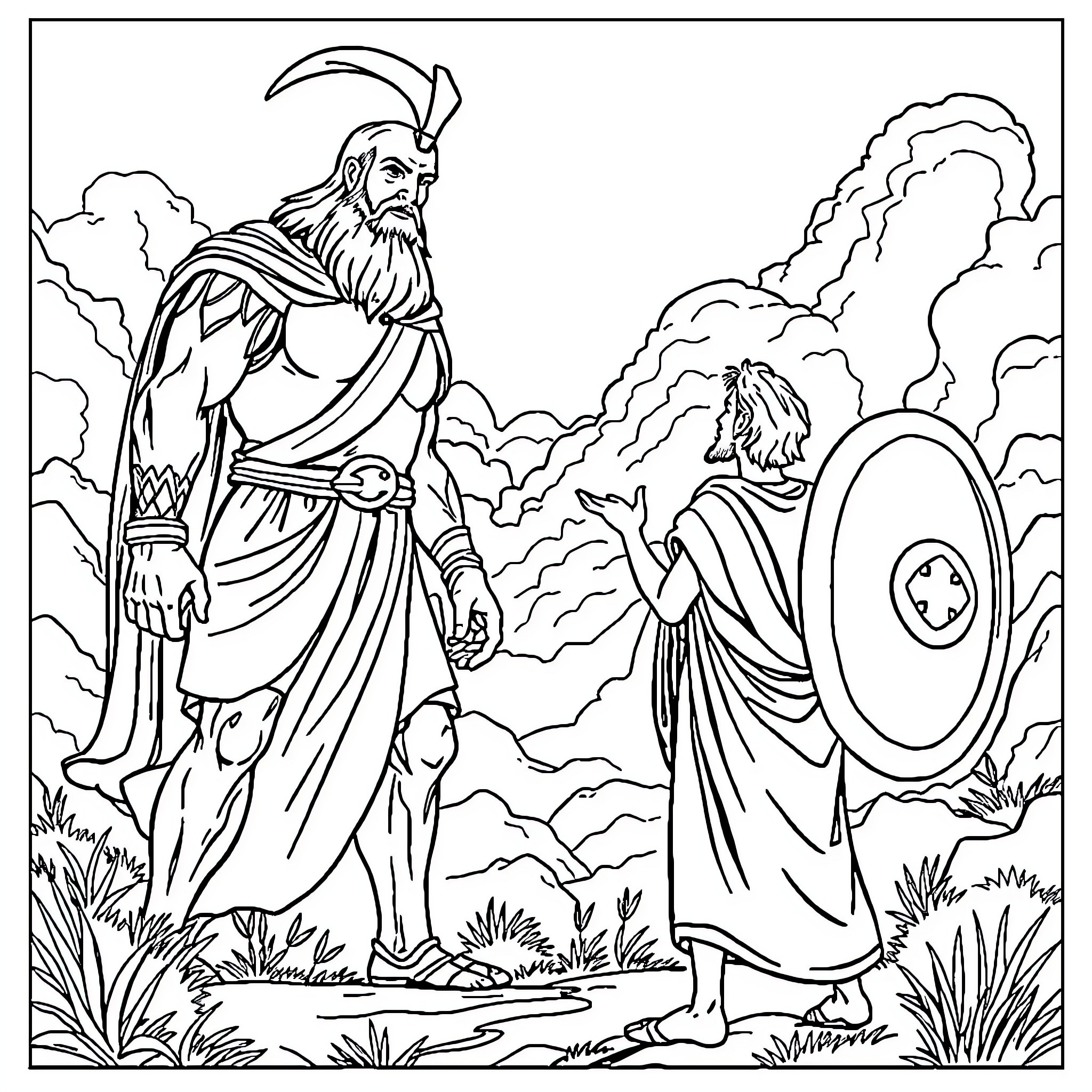 David and Goliath: Confrontation in the Wilderness Coloring Page (free black-and-white line drawing printable PDF for all, from beginners to advanced learners, including children, teens, adults, and seniors)