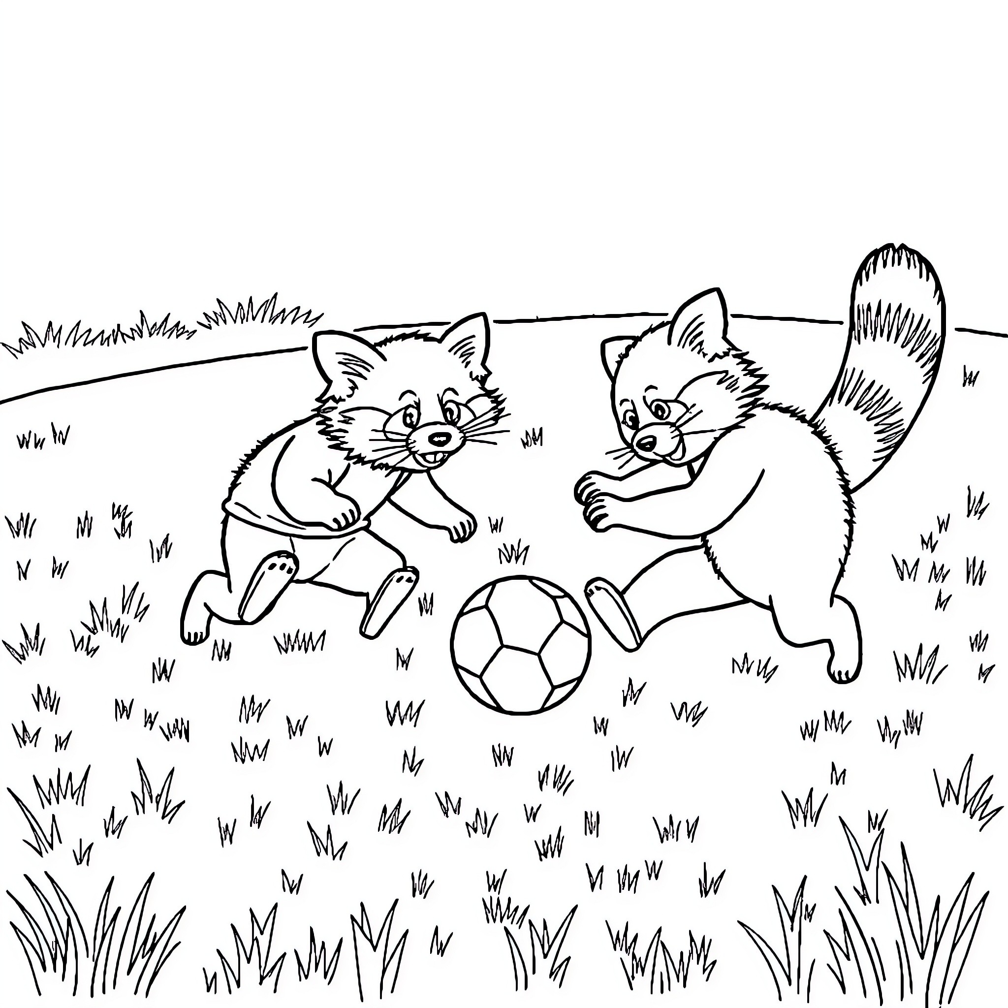 Panda kittens playing happily with soccer ball Coloring Page (free black-and-white line drawing printable PDF for all, from beginners to advanced learners, including children, teens, adults, and seniors)