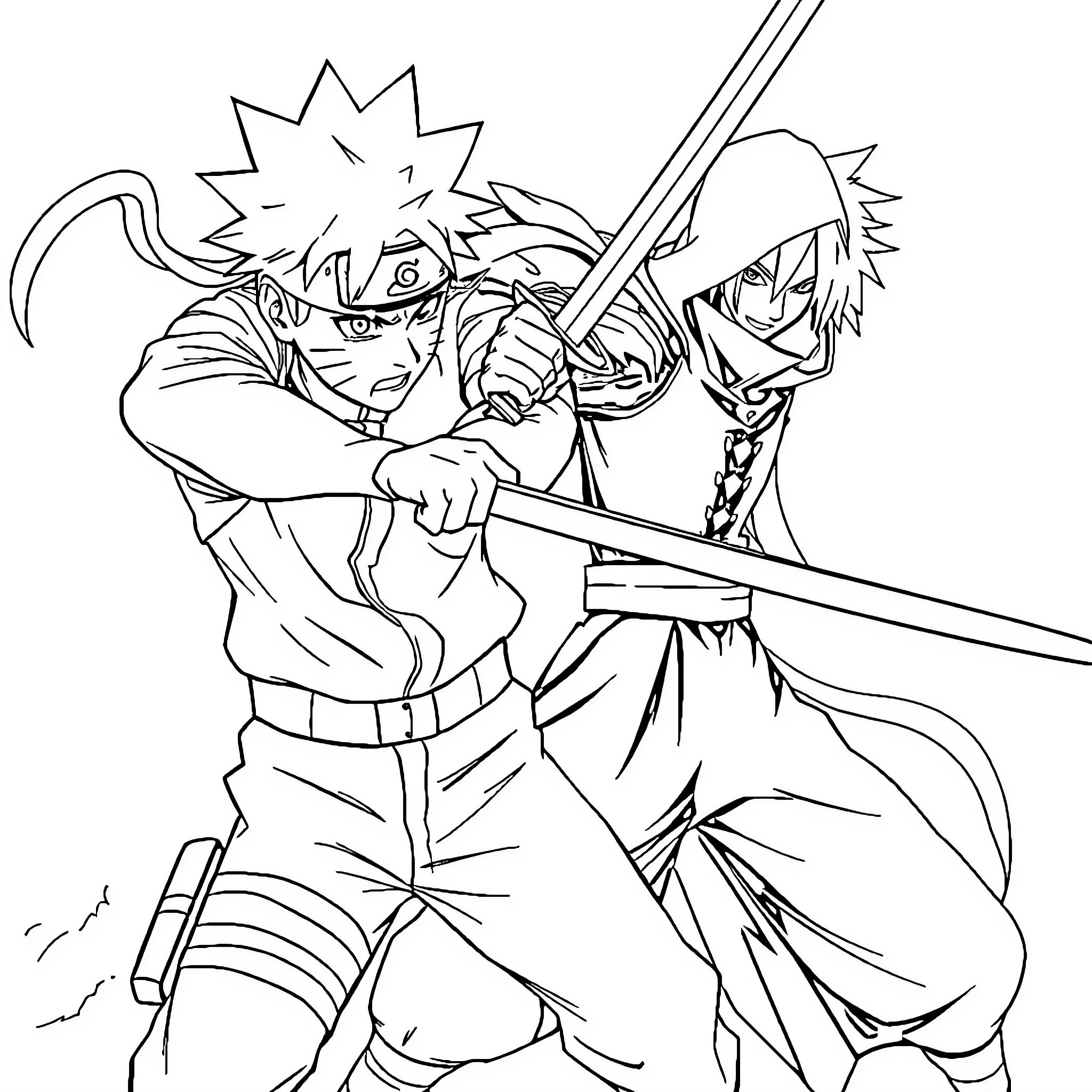 Naruto and Sasuke Fierce Battle Clash Coloring Page (free black-and-white line drawing printable PDF for all, from beginners to advanced learners, including children, teens, adults, and seniors)