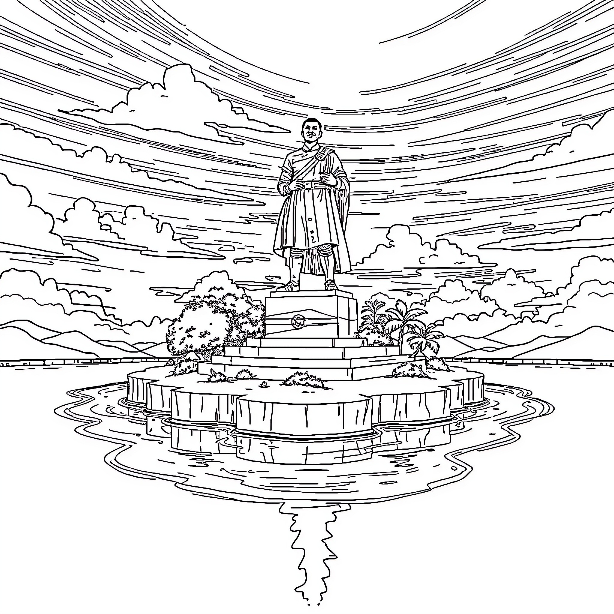 Mbappe Statue in Surreal Landscape Coloring Page (free black-and-white line drawing printable PDF for all, from beginners to advanced learners, including children, teens, adults, and seniors)