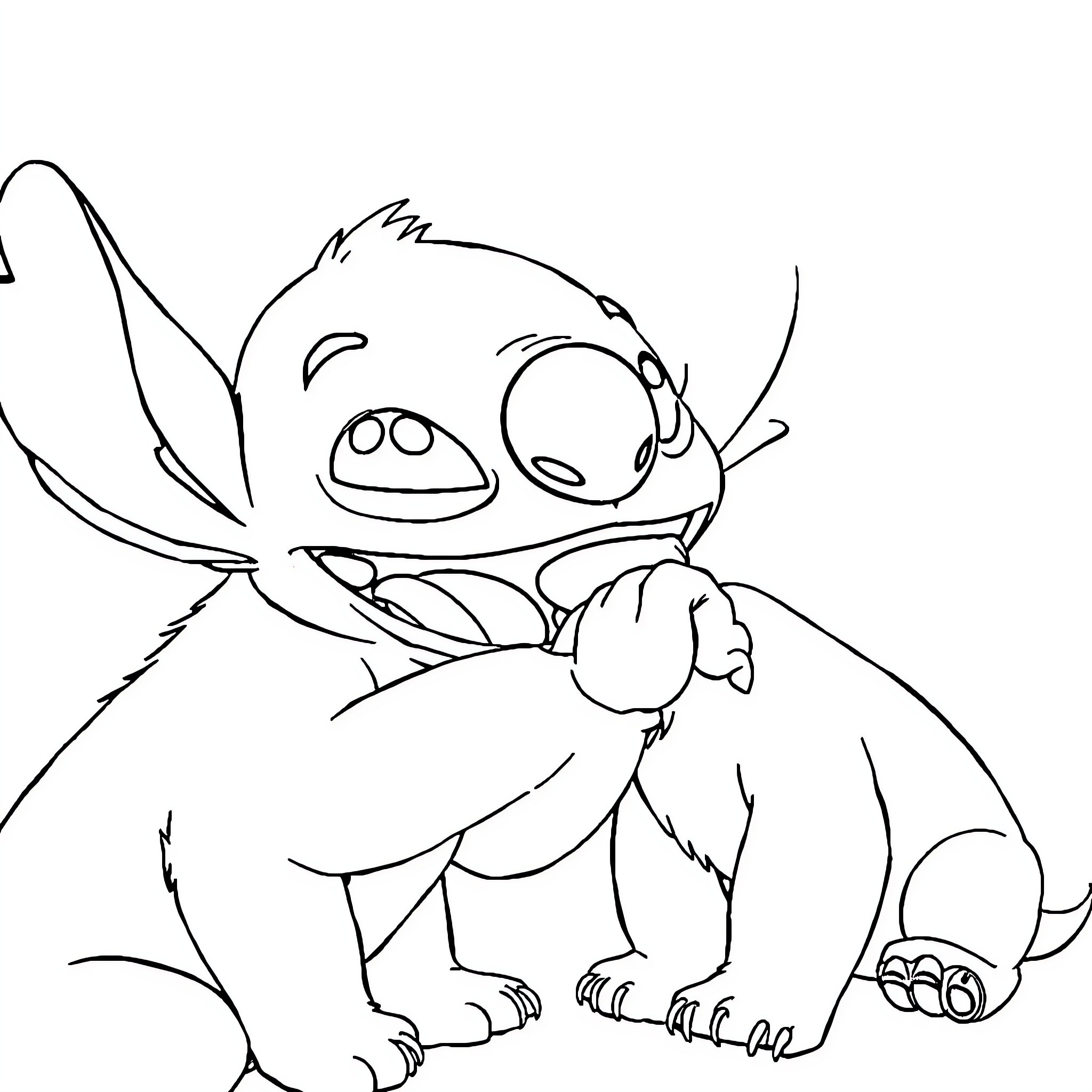Stitch sitting and holding a flower Coloring Page (free black-and-white line drawing printable PDF for all, from beginners to advanced learners, including children, teens, adults, and seniors)