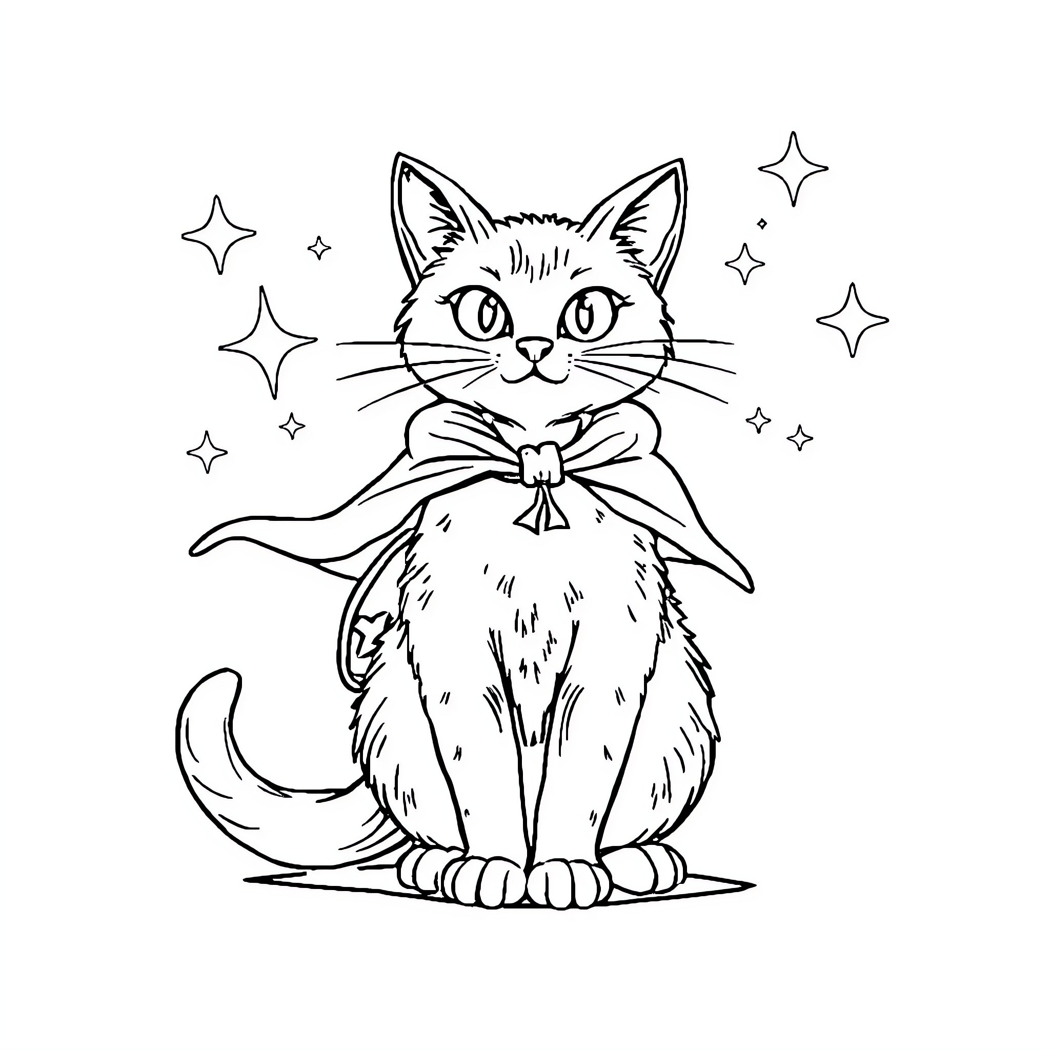 Ham Wizard Cat with Magical Stars Coloring Page (free black-and-white line drawing printable PDF for all, from beginners to advanced learners, including children, teens, adults, and seniors)