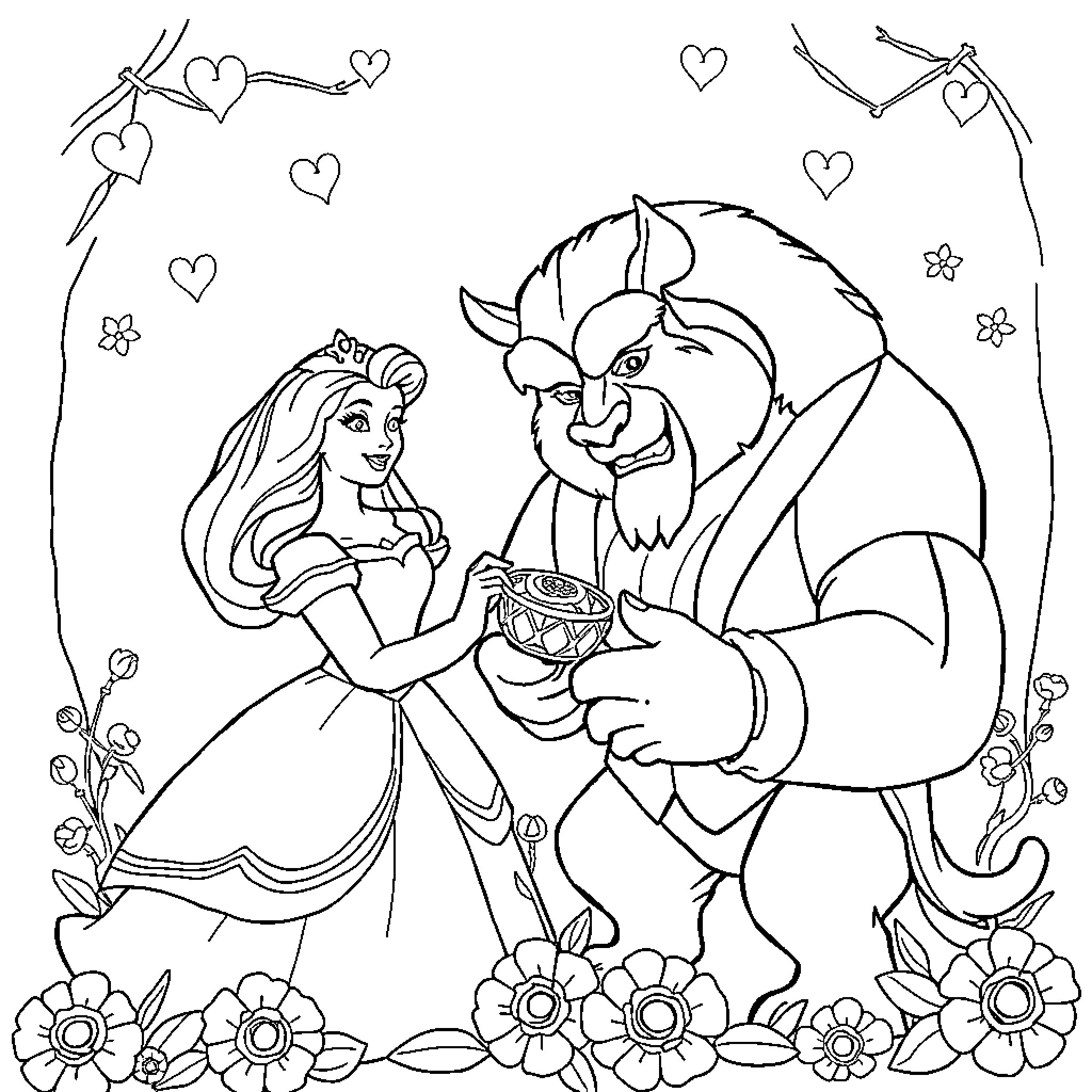 Beauty And The Beast Sharing A Romantic Moment Coloring Page (free black-and-white line drawing printable PDF for all, from beginners to advanced learners, including children, teens, adults, and seniors)