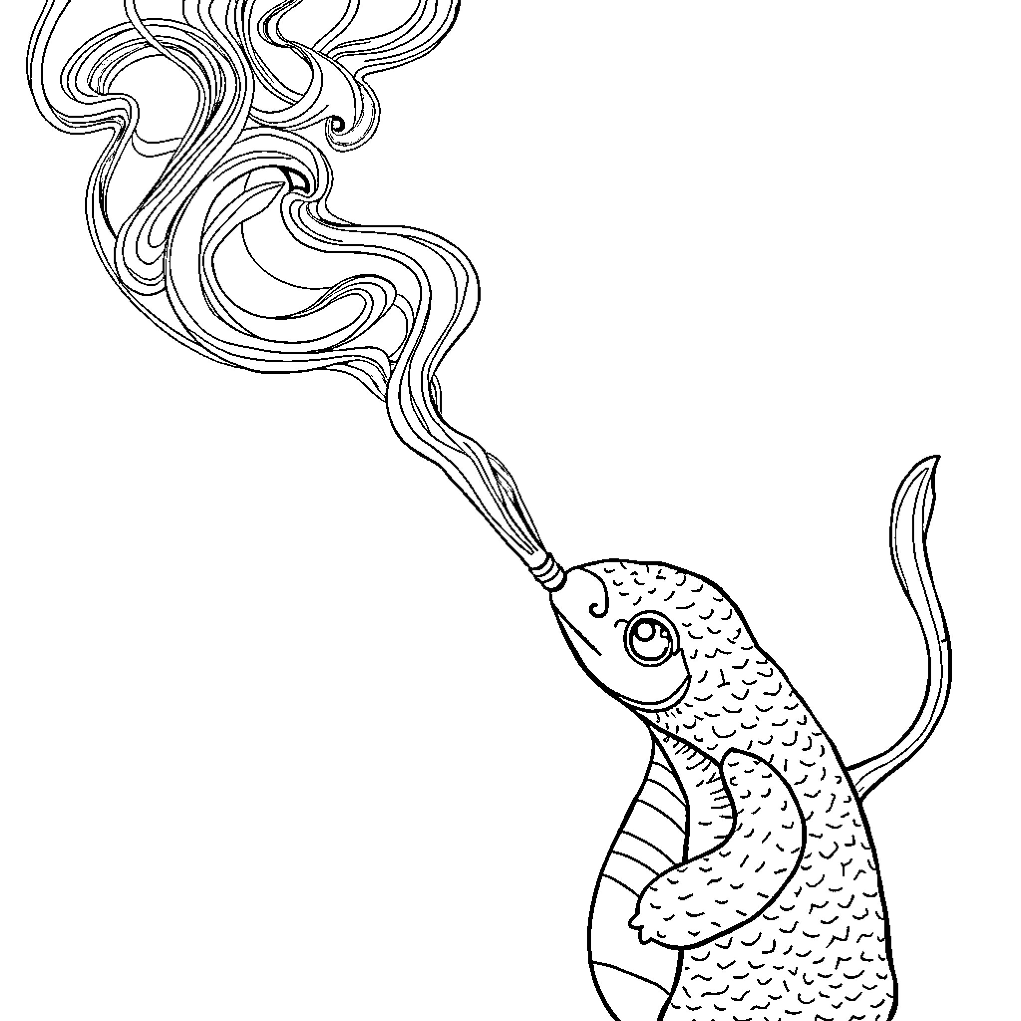 Stitch of a playful koi fish in motion Coloring Page (free black-and-white line drawing printable PDF for all, from beginners to advanced learners, including children, teens, adults, and seniors)