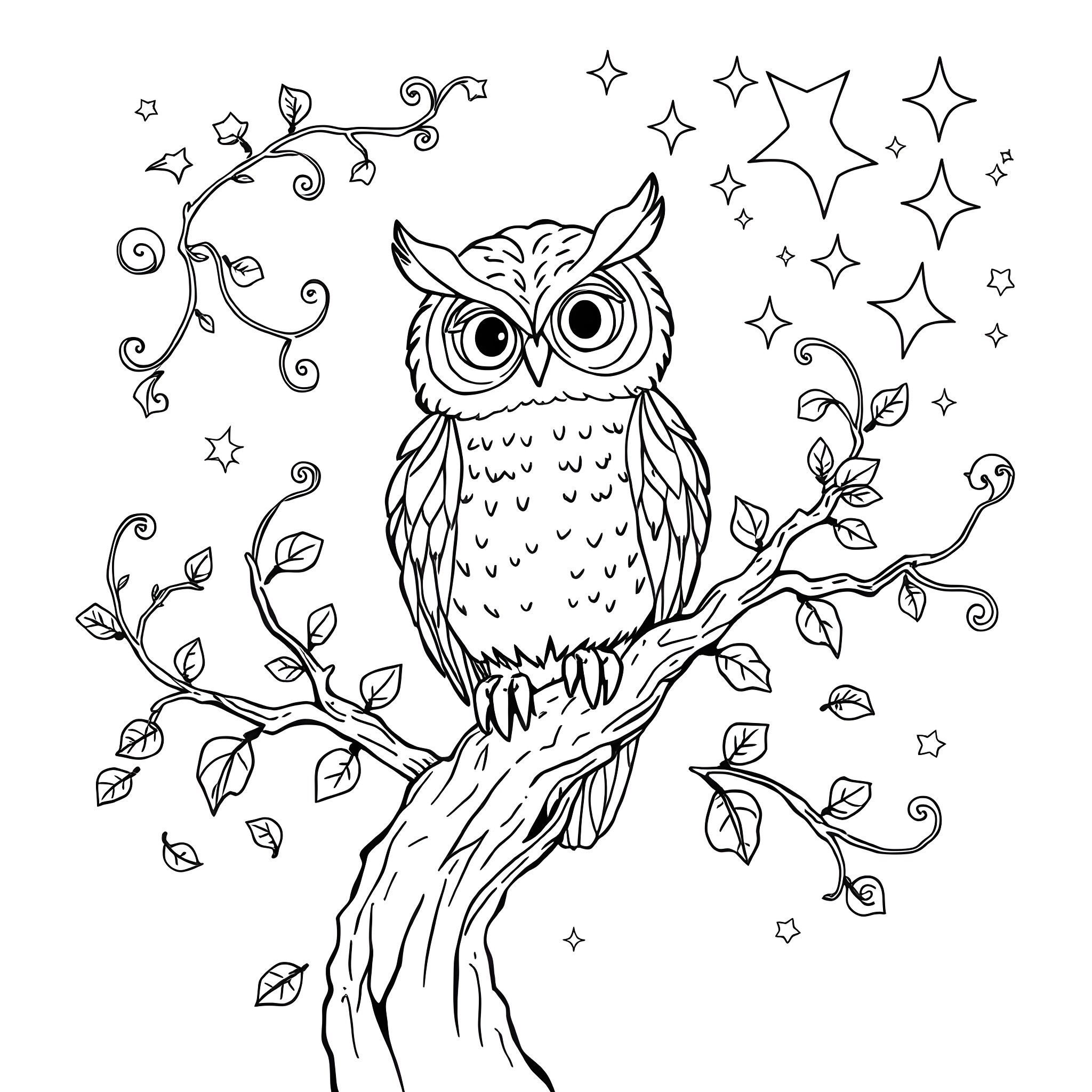 Owl in a whimsical starry night scene Coloring Page (free black-and-white line drawing printable PDF for all, from beginners to advanced learners, including children, teens, adults, and seniors)