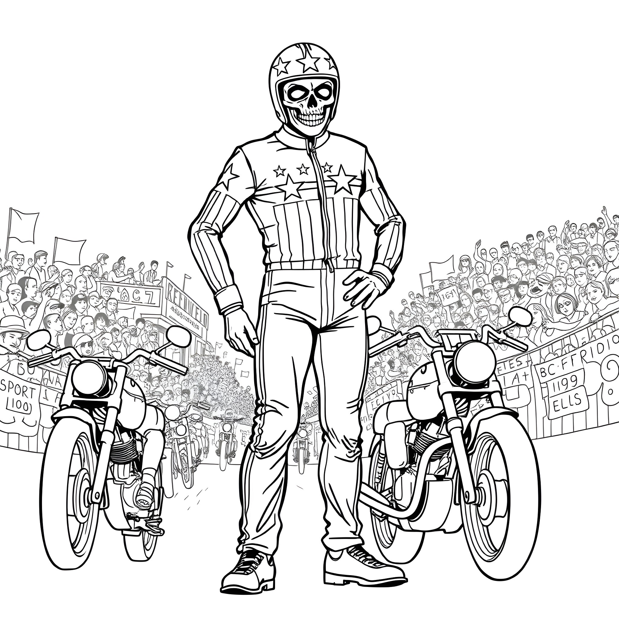 Evel Kniveal's daring stunts in the crowd Coloring Page (free black-and-white line drawing printable PDF for all, from beginners to advanced learners, including children, teens, adults, and seniors)