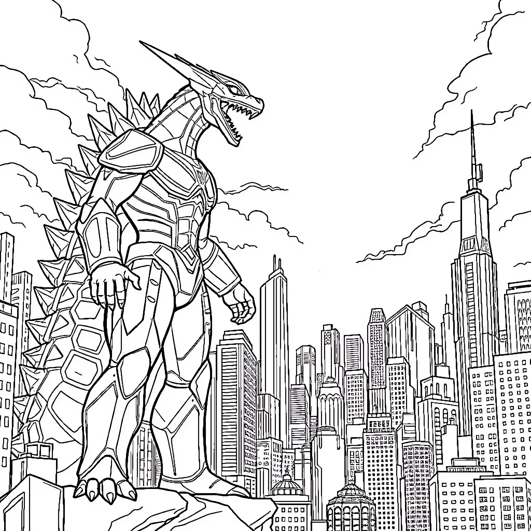 Ultraman battles giant robotic monster in city Coloring Page (free black-and-white line drawing printable PDF for all, from beginners to advanced learners, including children, teens, adults, and seniors)