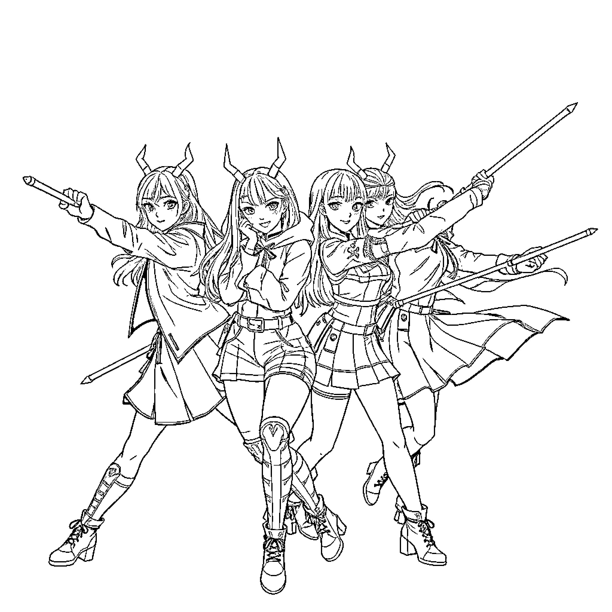 Twice Heroic Anime Quartet Posing Confidently Coloring Page (free black-and-white line drawing printable PDF for all, from beginners to advanced learners, including children, teens, adults, and seniors)