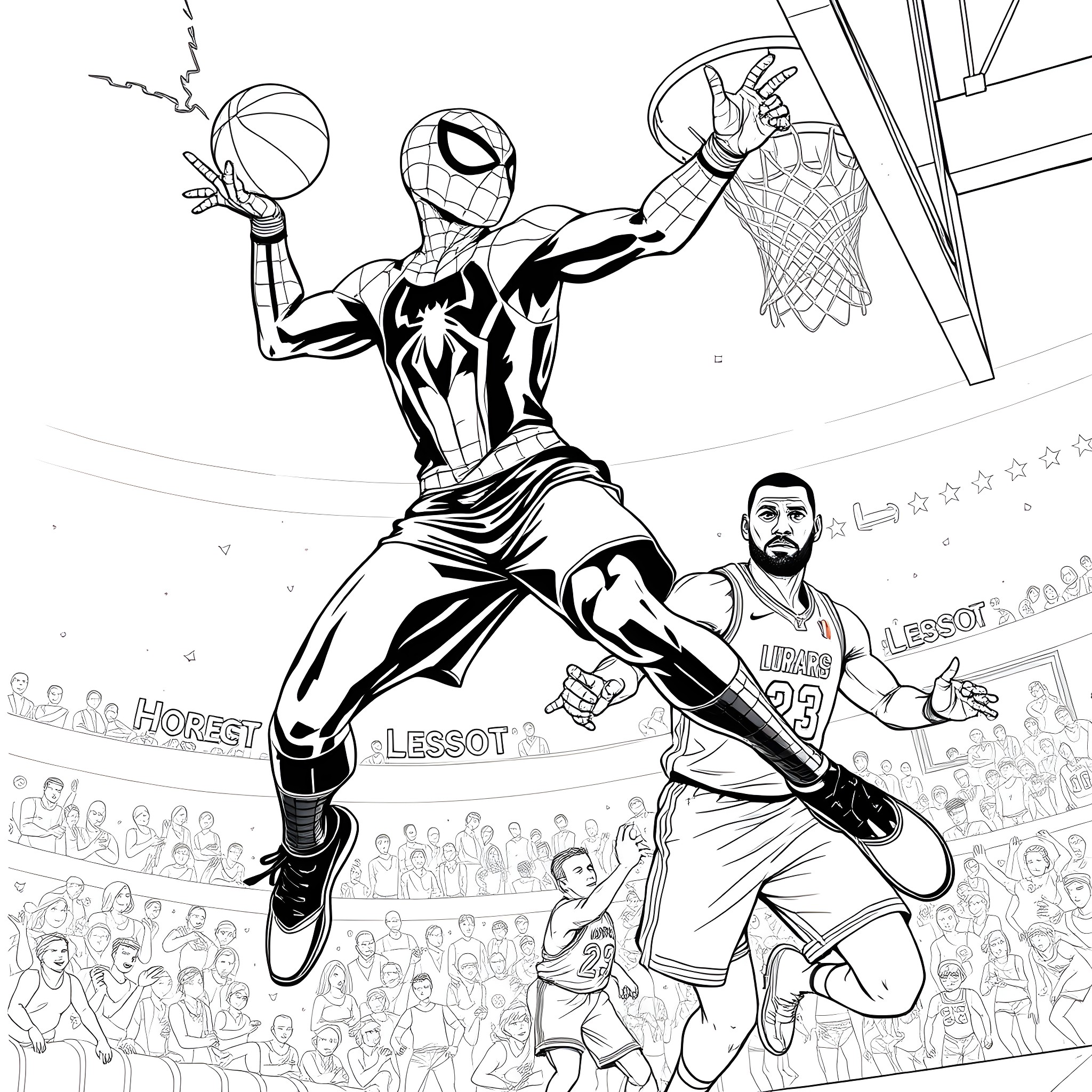Spiderman Challenges Basketball Player in Competitive Match Coloring Page (free black-and-white line drawing printable PDF for all, from beginners to advanced learners, including children, teens, adults, and seniors)