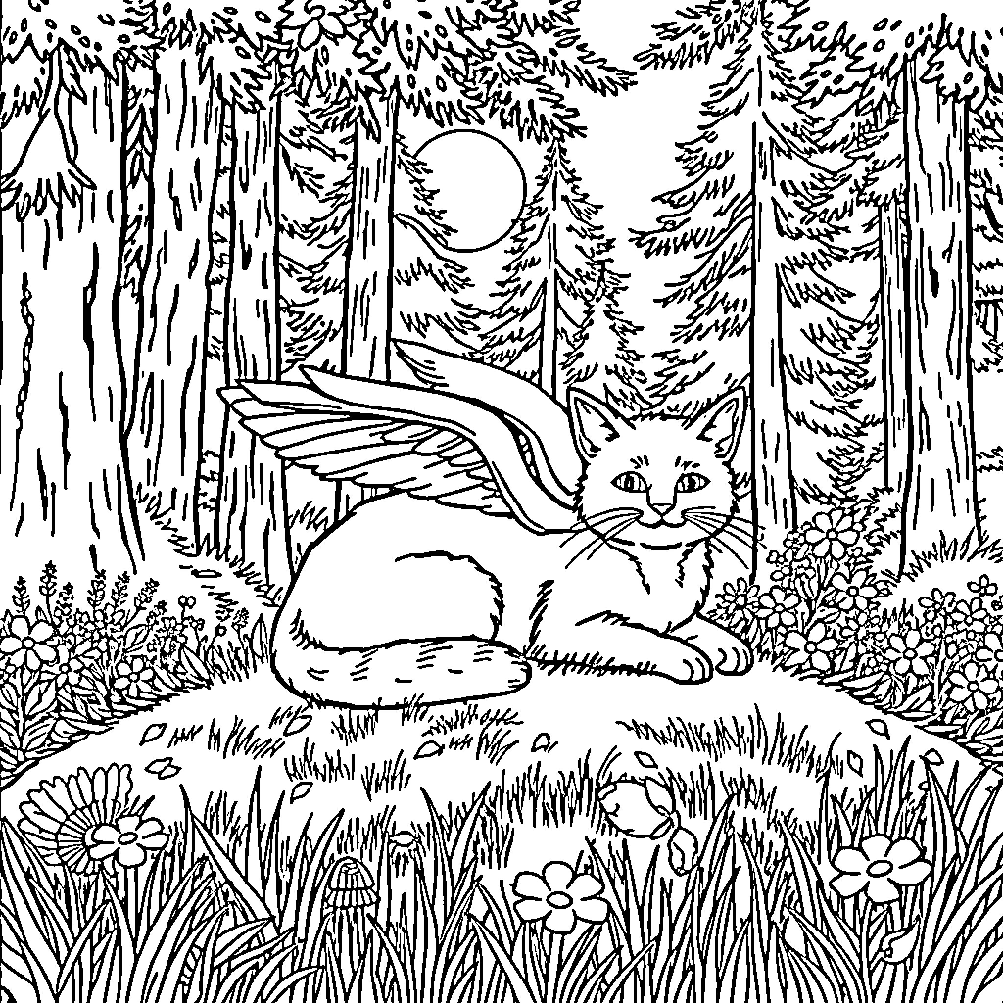 Winged Cat Exploring Enchanted Forest Coloring Page (free black-and-white line drawing printable PDF for all, from beginners to advanced learners, including children, teens, adults, and seniors)
