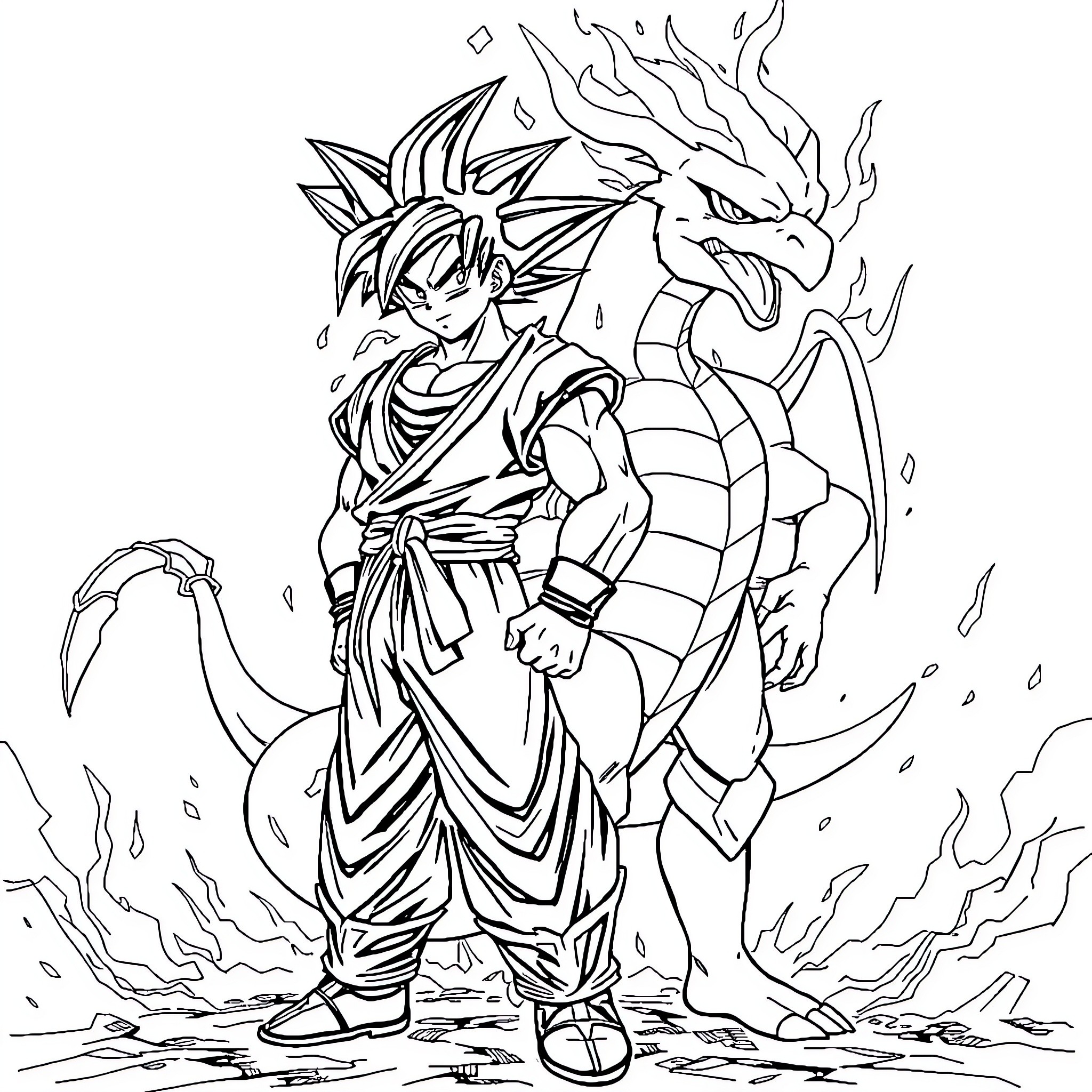 Goku's Fierce Battle with the Fierce Dragon Coloring Page (free black-and-white line drawing printable PDF for all, from beginners to advanced learners, including children, teens, adults, and seniors)