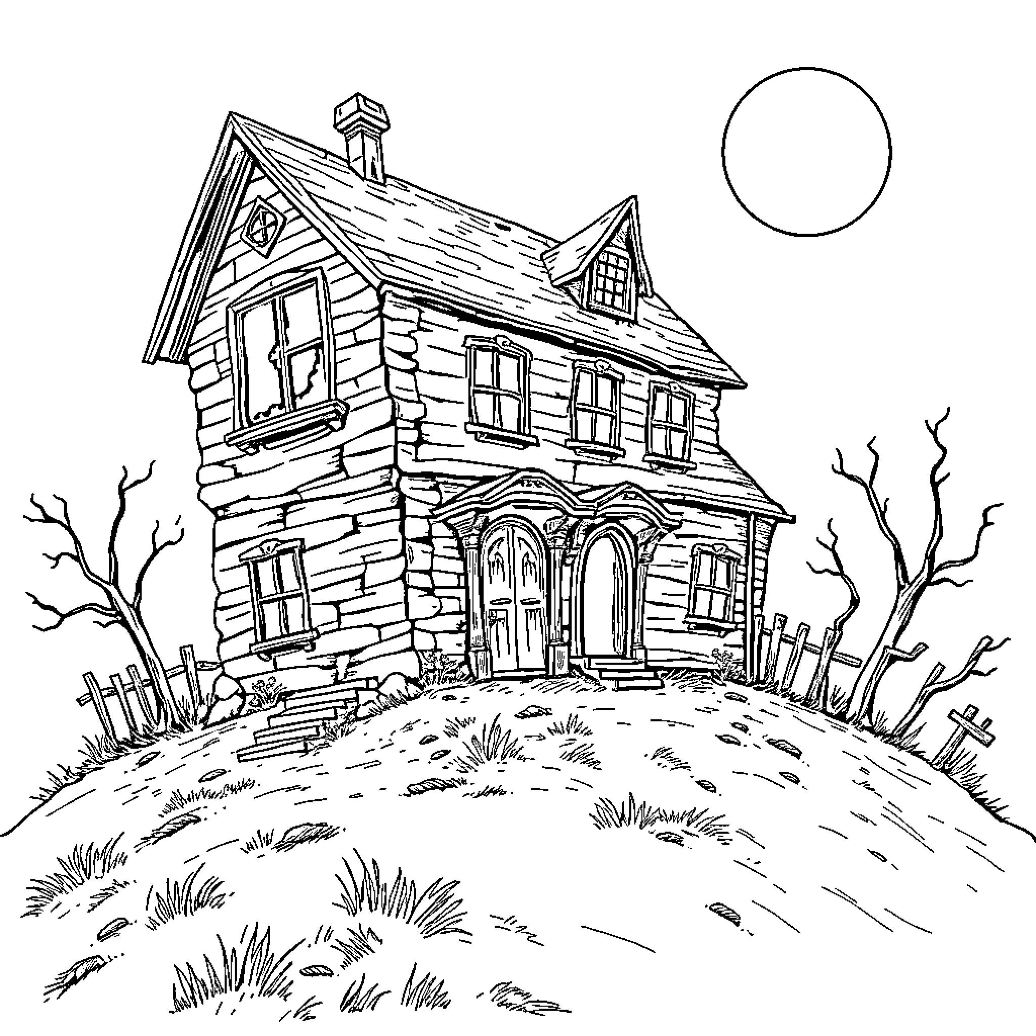 Haunted House on a Mysterious Hill Coloring Page (free black-and-white line drawing printable PDF for all, from beginners to advanced learners, including children, teens, adults, and seniors)