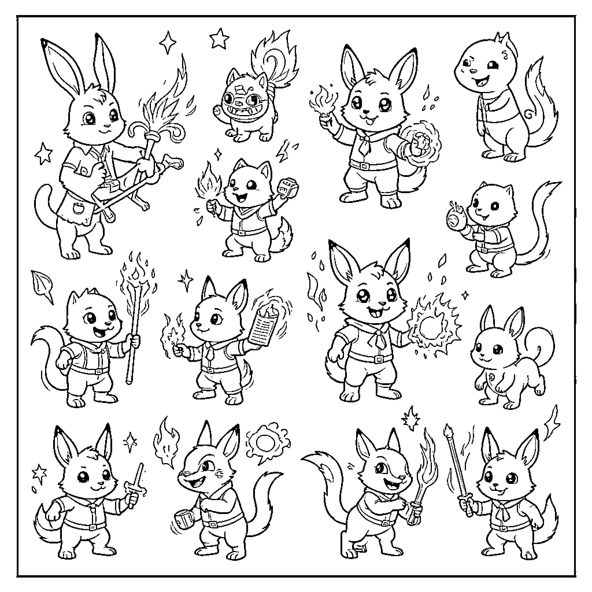 Pokémon characters performing various magical and playful actions Coloring Page (free black-and-white line drawing printable PDF for all, from beginners to advanced learners, including children, teens, adults, and seniors)