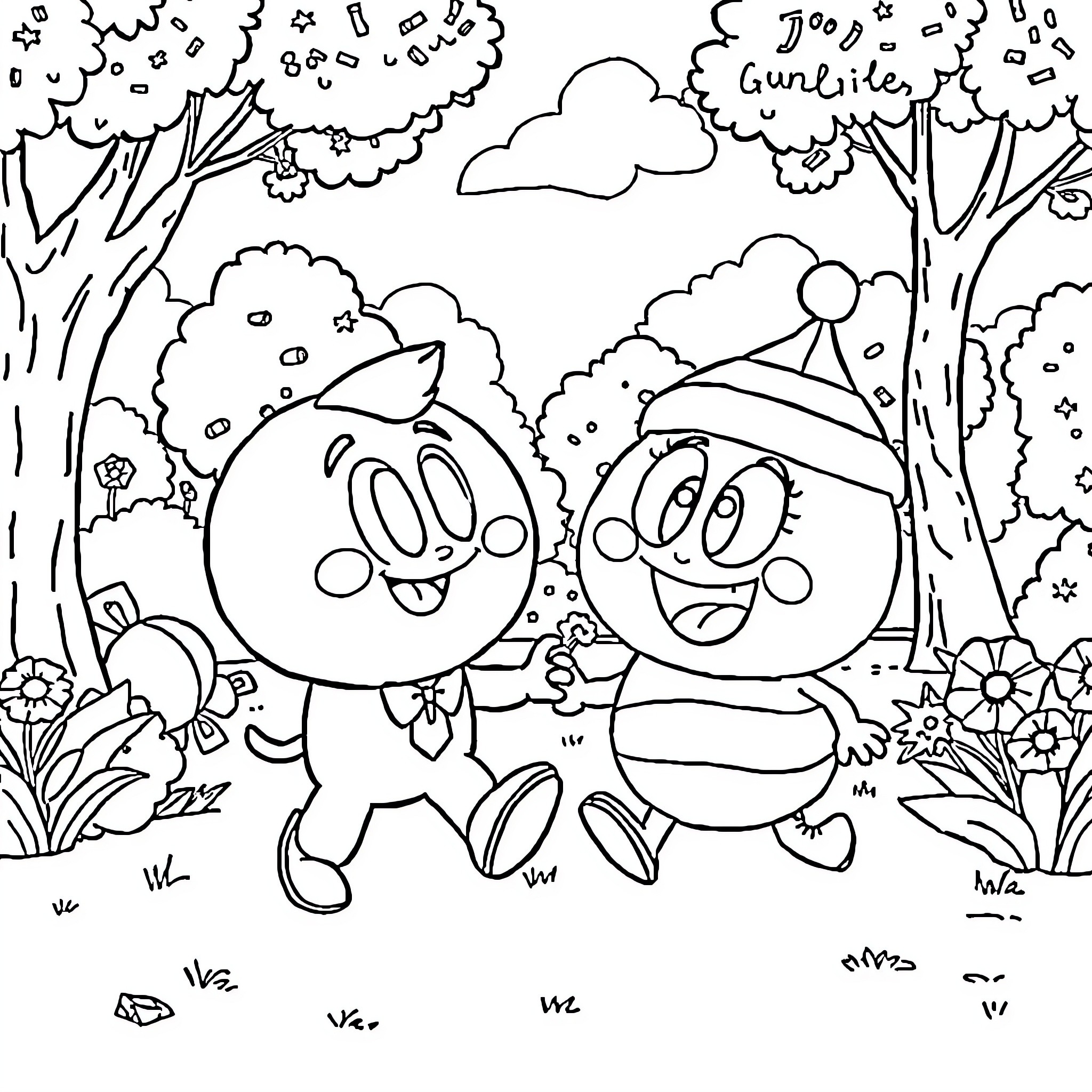 Gumball Characters Playing in the Colorful Outdoors Coloring Page (free black-and-white line drawing printable PDF for all, from beginners to advanced learners, including children, teens, adults, and seniors)