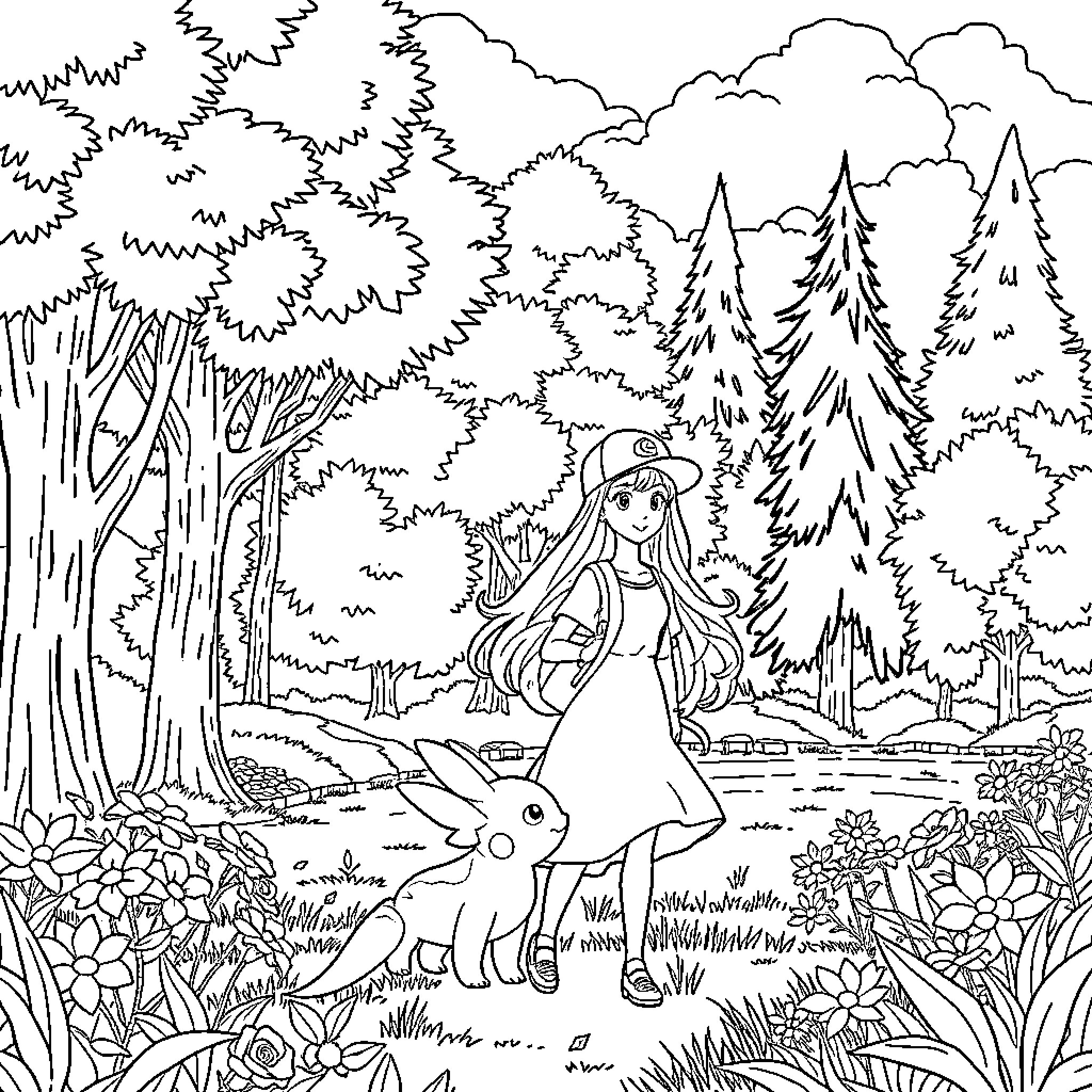 Barbie in magical forest adventure Coloring Page (free black-and-white line drawing printable PDF for all, from beginners to advanced learners, including children, teens, adults, and seniors)