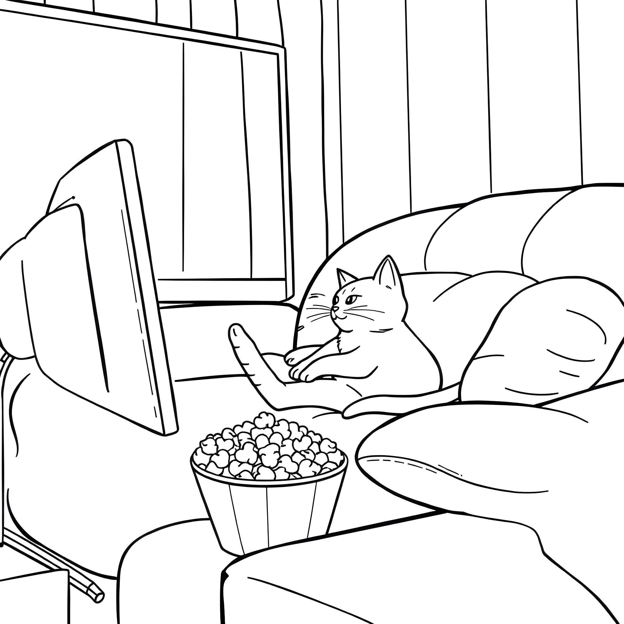 Cat relaxing in cozy room with snacks Coloring Page (free black-and-white line drawing printable PDF for all, from beginners to advanced learners, including children, teens, adults, and seniors)