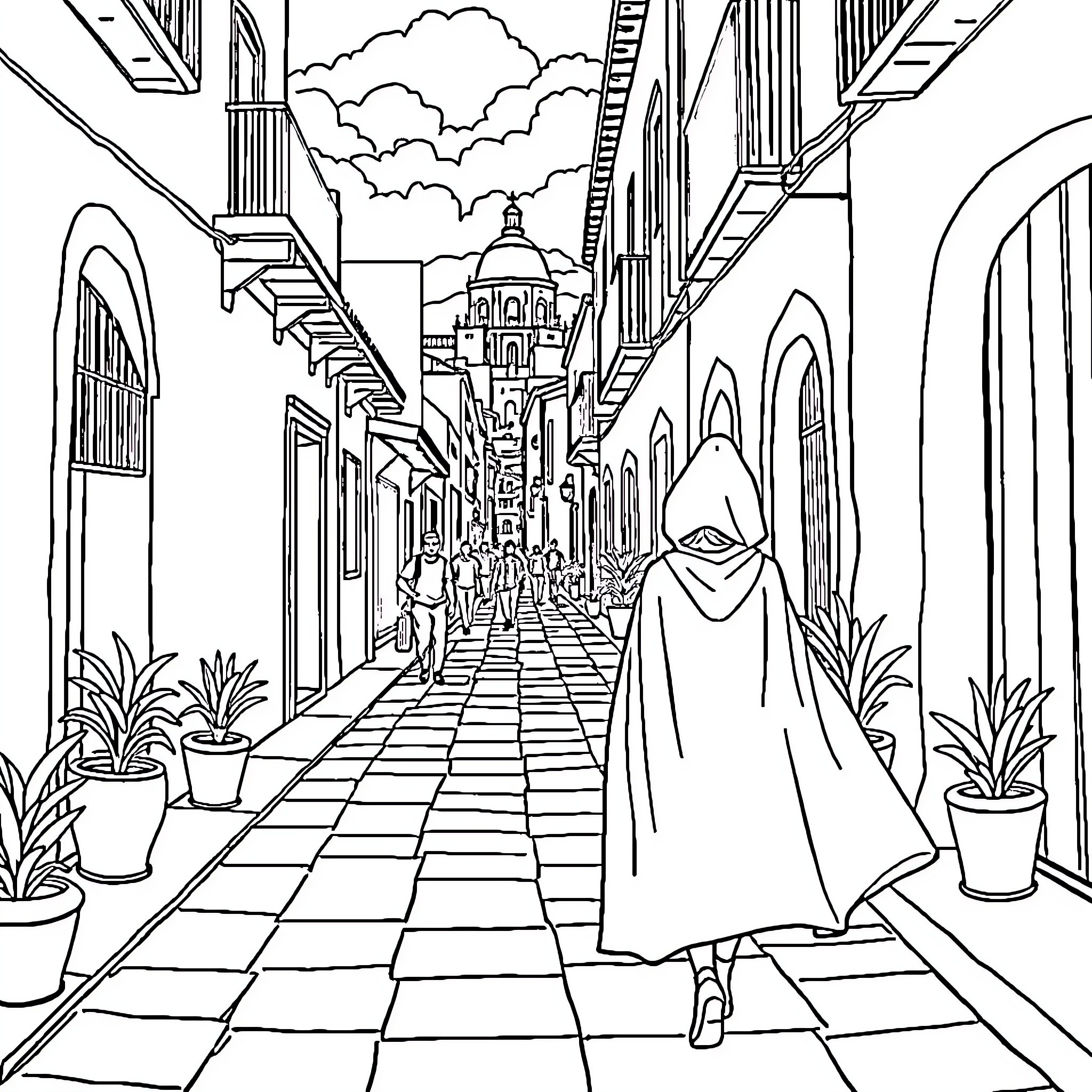 Caperucita Roja exploring a traditional city street Coloring Page (free black-and-white line drawing printable PDF for all, from beginners to advanced learners, including children, teens, adults, and seniors)