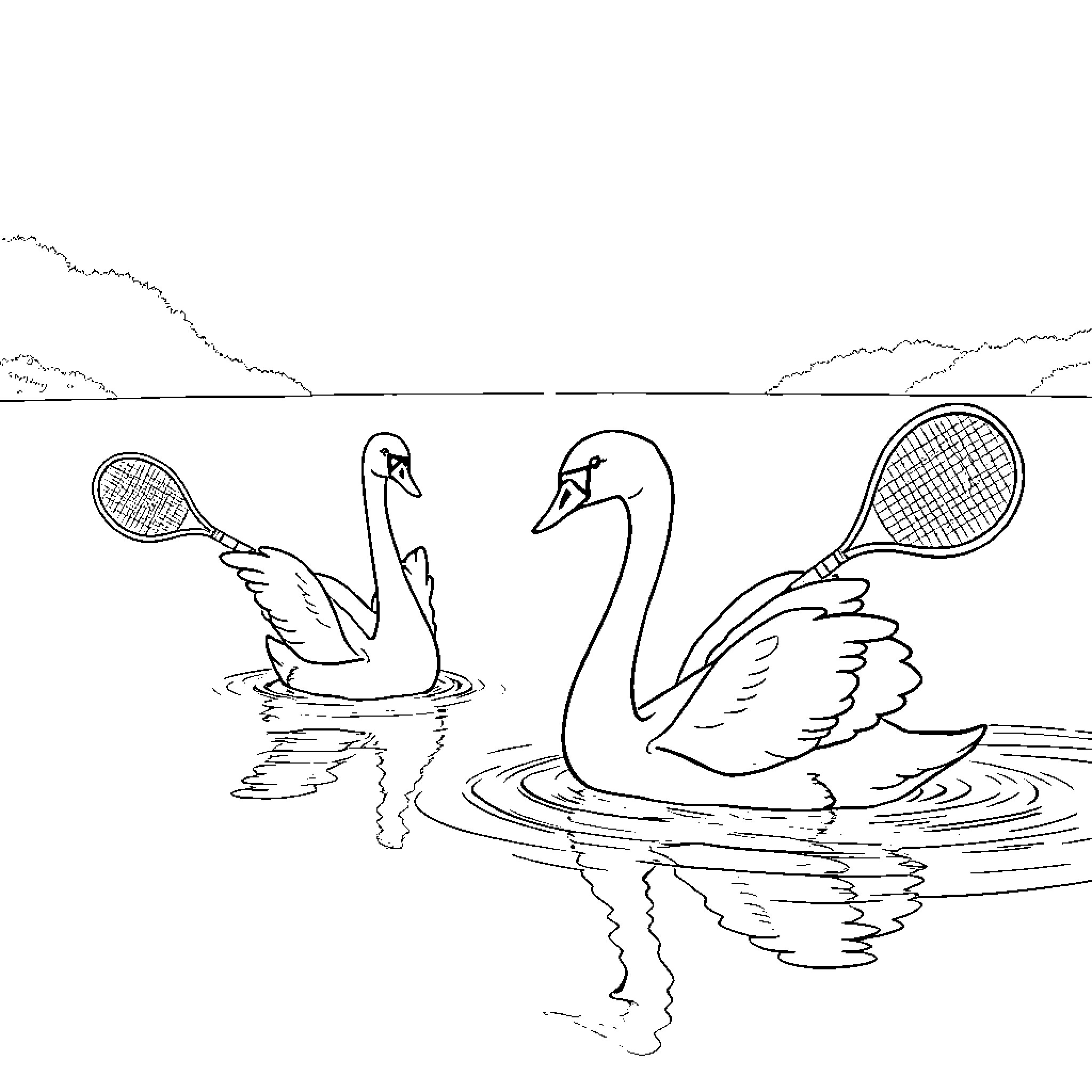 Swan Tennis Players Floating on the Lake Coloring Page (free black-and-white line drawing printable PDF for all, from beginners to advanced learners, including children, teens, adults, and seniors)