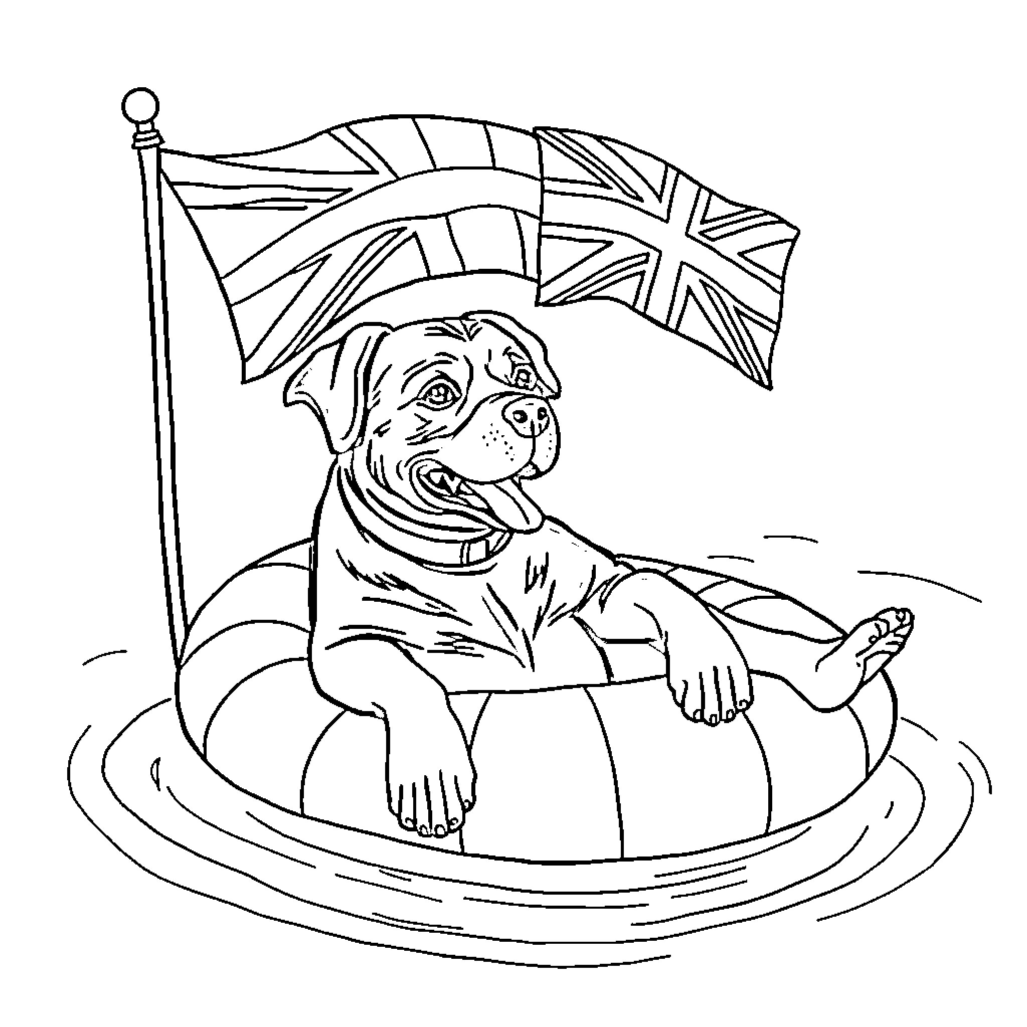 Rottweiler patriotically floating on inner tube Coloring Page (free black-and-white line drawing printable PDF for all, from beginners to advanced learners, including children, teens, adults, and seniors)