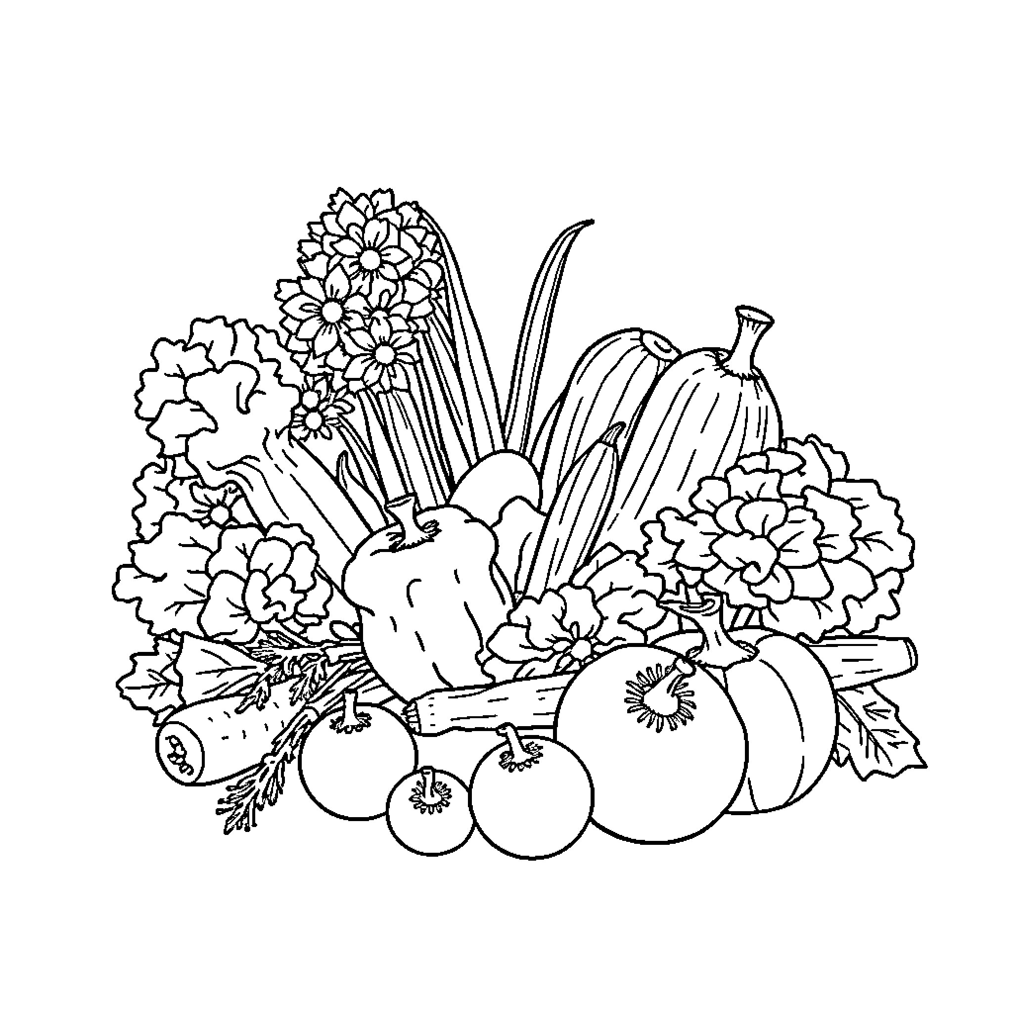 Vegetable Harvest Abundance Coloring Page (free black-and-white line drawing printable PDF for all, from beginners to advanced learners, including children, teens, adults, and seniors)