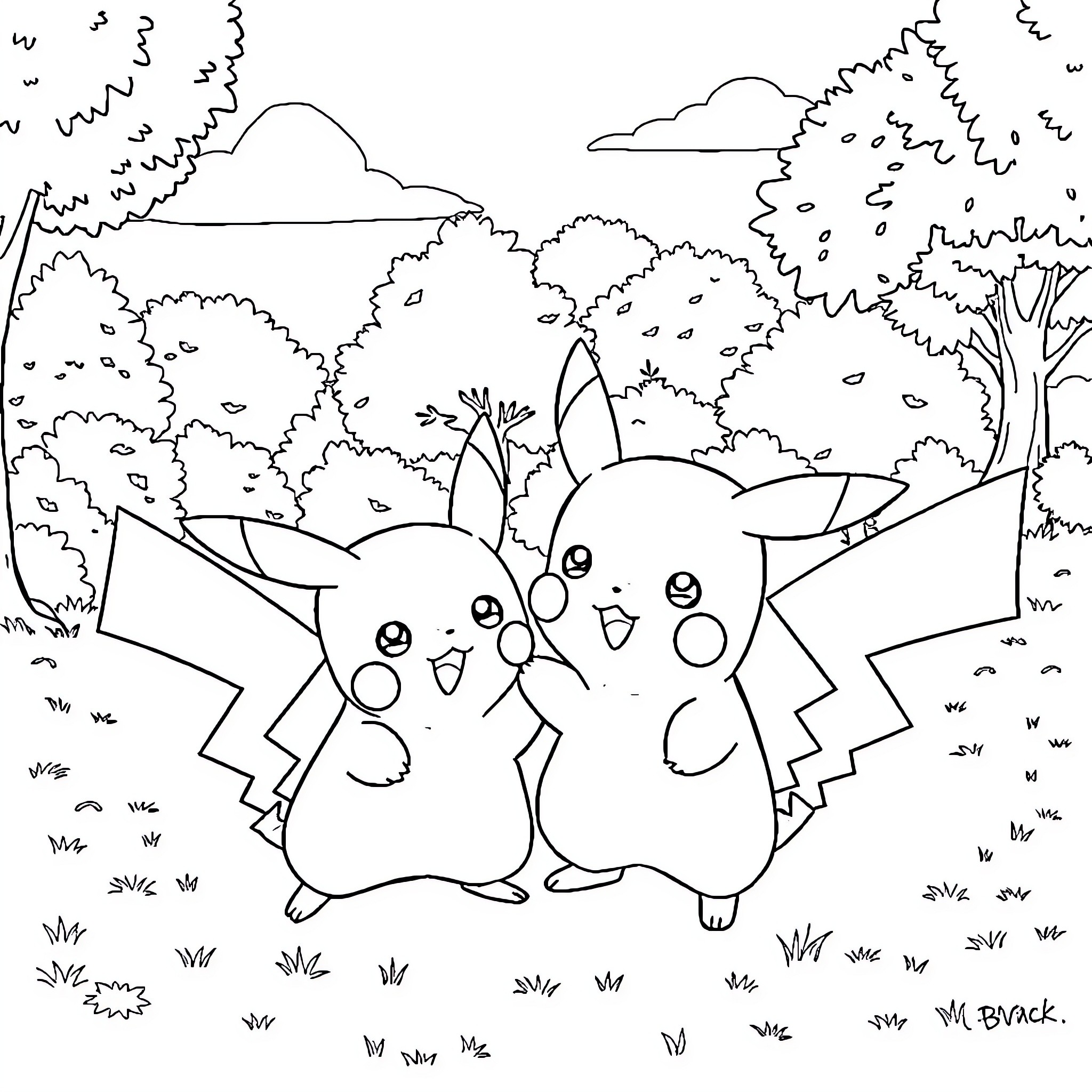 Chikorita playing happily with Pikachu in the forest Coloring Page (free black-and-white line drawing printable PDF for all, from beginners to advanced learners, including children, teens, adults, and seniors)