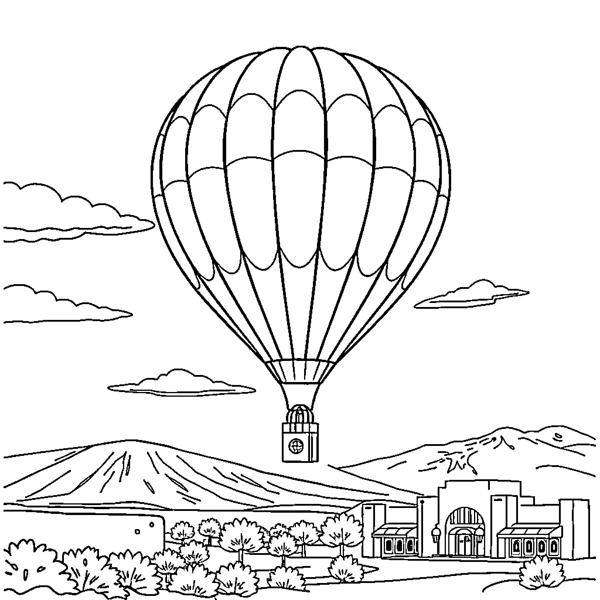 Hot Air Balloon Soaring Above Scenic Landscape Coloring Page (free black-and-white line drawing printable PDF for all, from beginners to advanced learners, including children, teens, adults, and seniors)