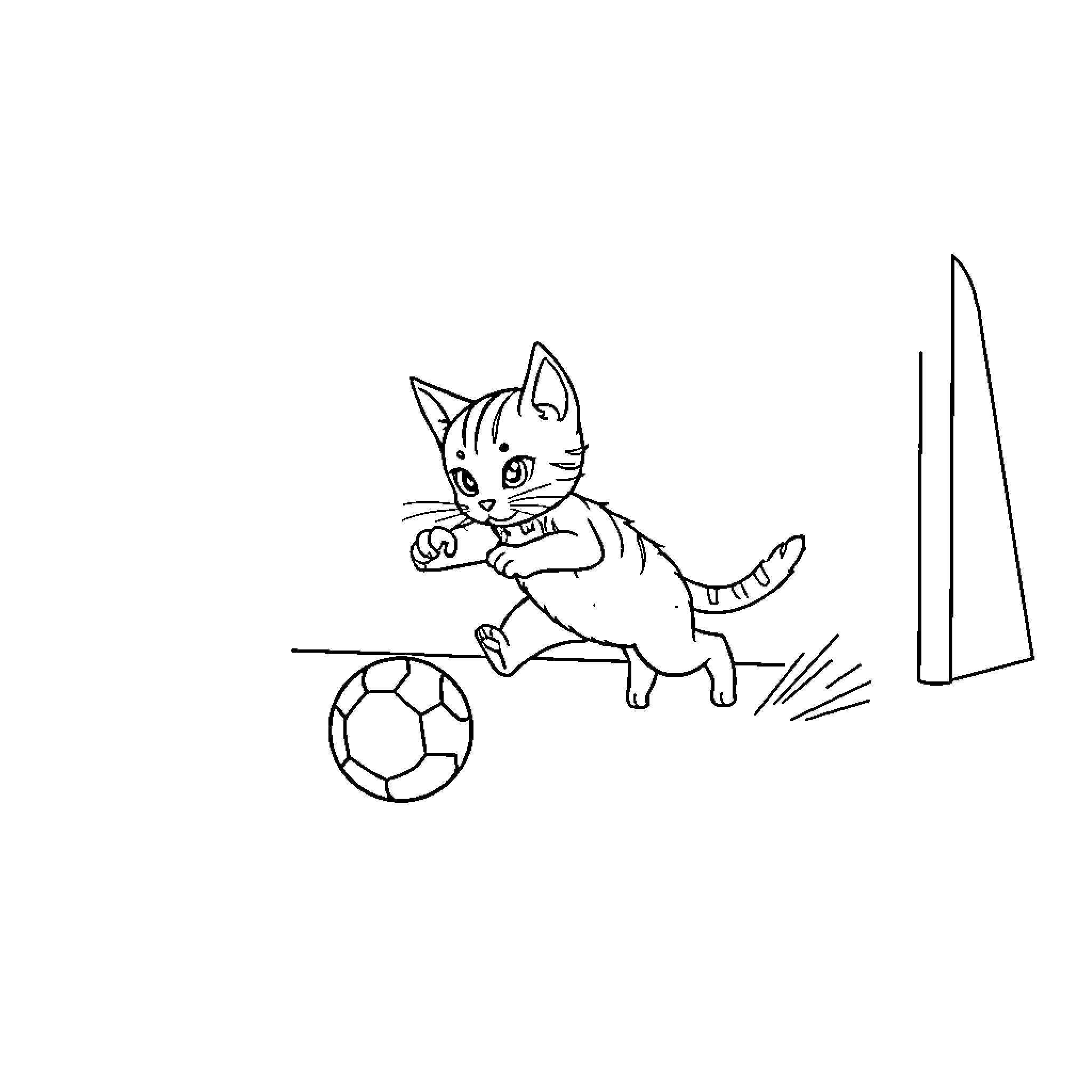 Kitten chasing and playing with soccer ball Coloring Page (free black-and-white line drawing printable PDF for all, from beginners to advanced learners, including children, teens, adults, and seniors)
