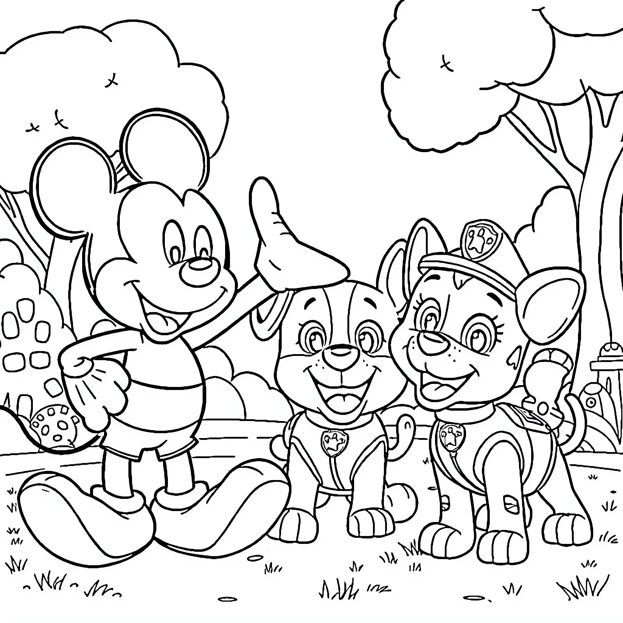 Mickey and Friends' Playful Adventure Coloring Page (free black-and-white line drawing printable PDF for all, from beginners to advanced learners, including children, teens, adults, and seniors)