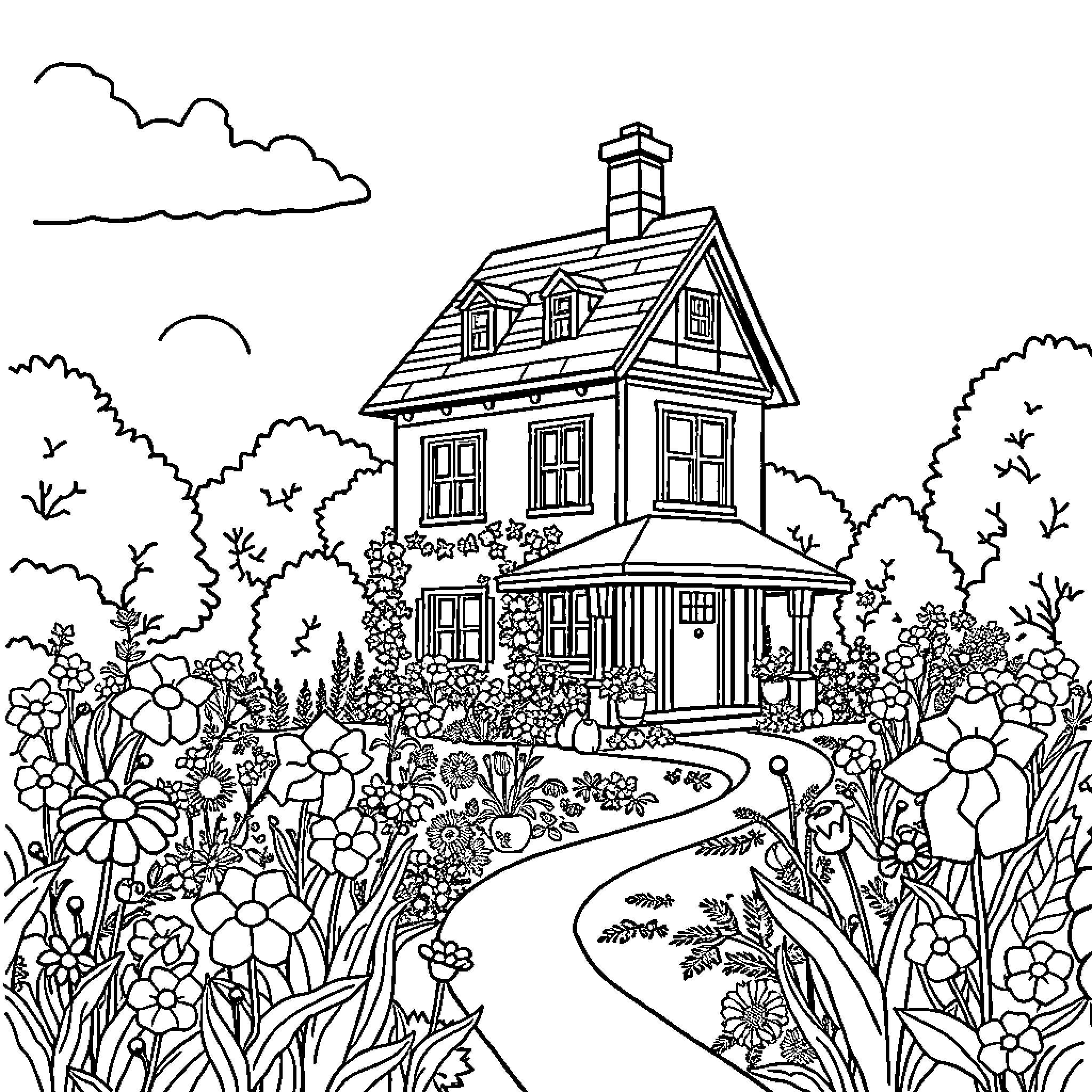 House in a Blooming Garden Landscape Coloring Page (free black-and-white line drawing printable PDF for all, from beginners to advanced learners, including children, teens, adults, and seniors)