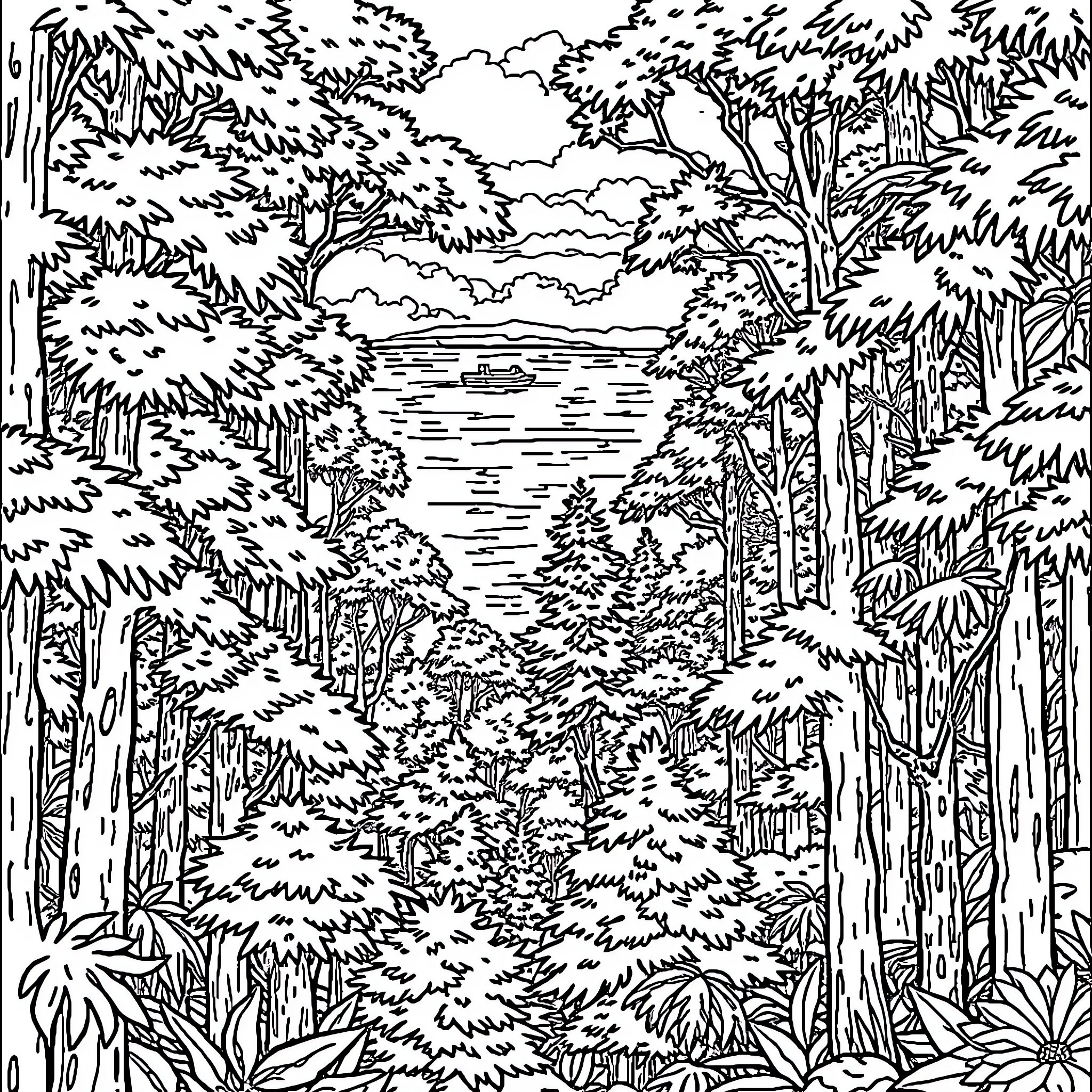 Forest Scene with Serene Lake and Boats Coloring Page (free black-and-white line drawing printable PDF for all, from beginners to advanced learners, including children, teens, adults, and seniors)