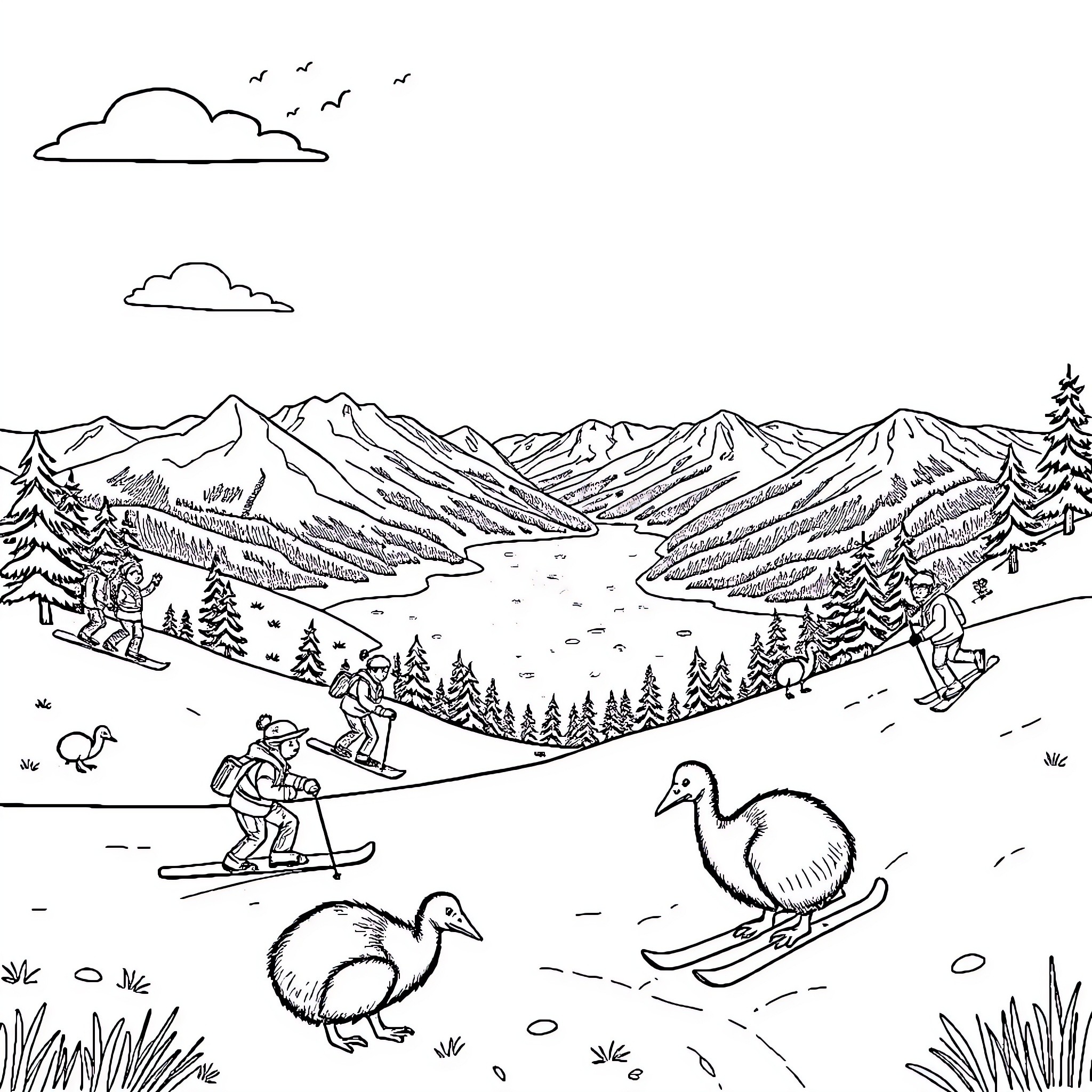 Person enjoying winter activities in scenic mountain landscape Coloring Page (free black-and-white line drawing printable PDF for all, from beginners to advanced learners, including children, teens, adults, and seniors)