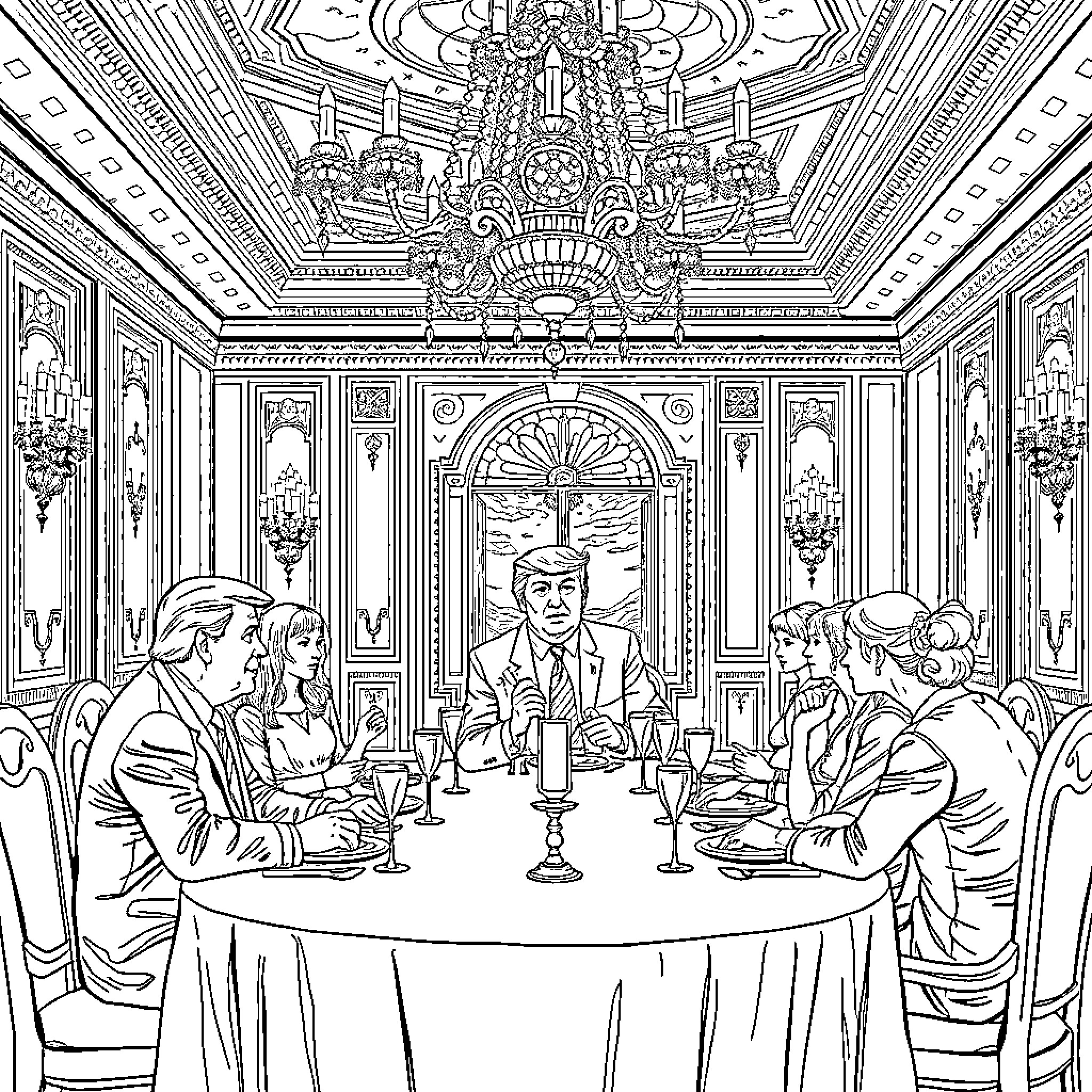Trump and associates dining in an ornate, lavish setting Coloring Page (free black-and-white line drawing printable PDF for all, from beginners to advanced learners, including children, teens, adults, and seniors)