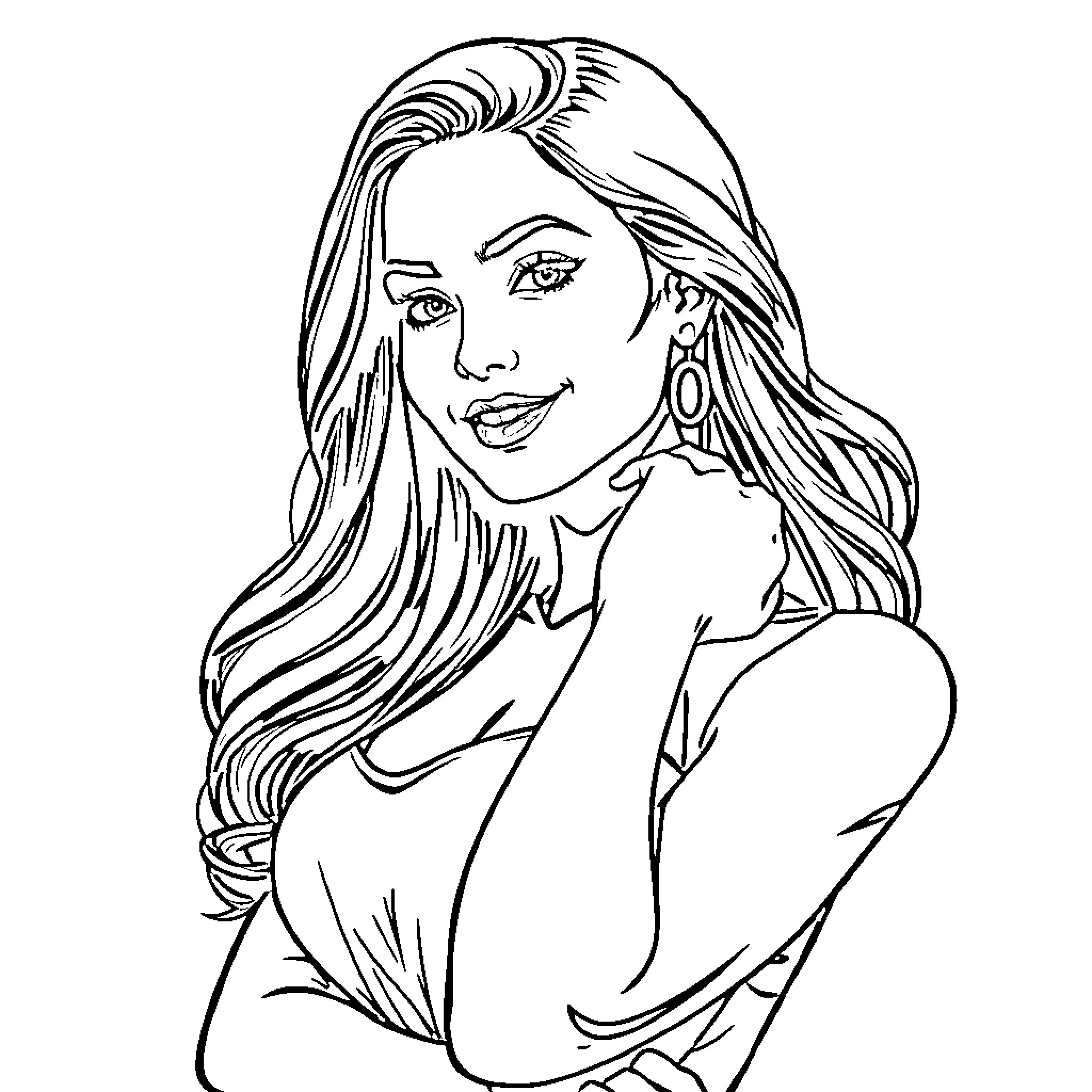 Female wearing stylish jewelry and posing confidently Coloring Page (free black-and-white line drawing printable PDF for all, from beginners to advanced learners, including children, teens, adults, and seniors)