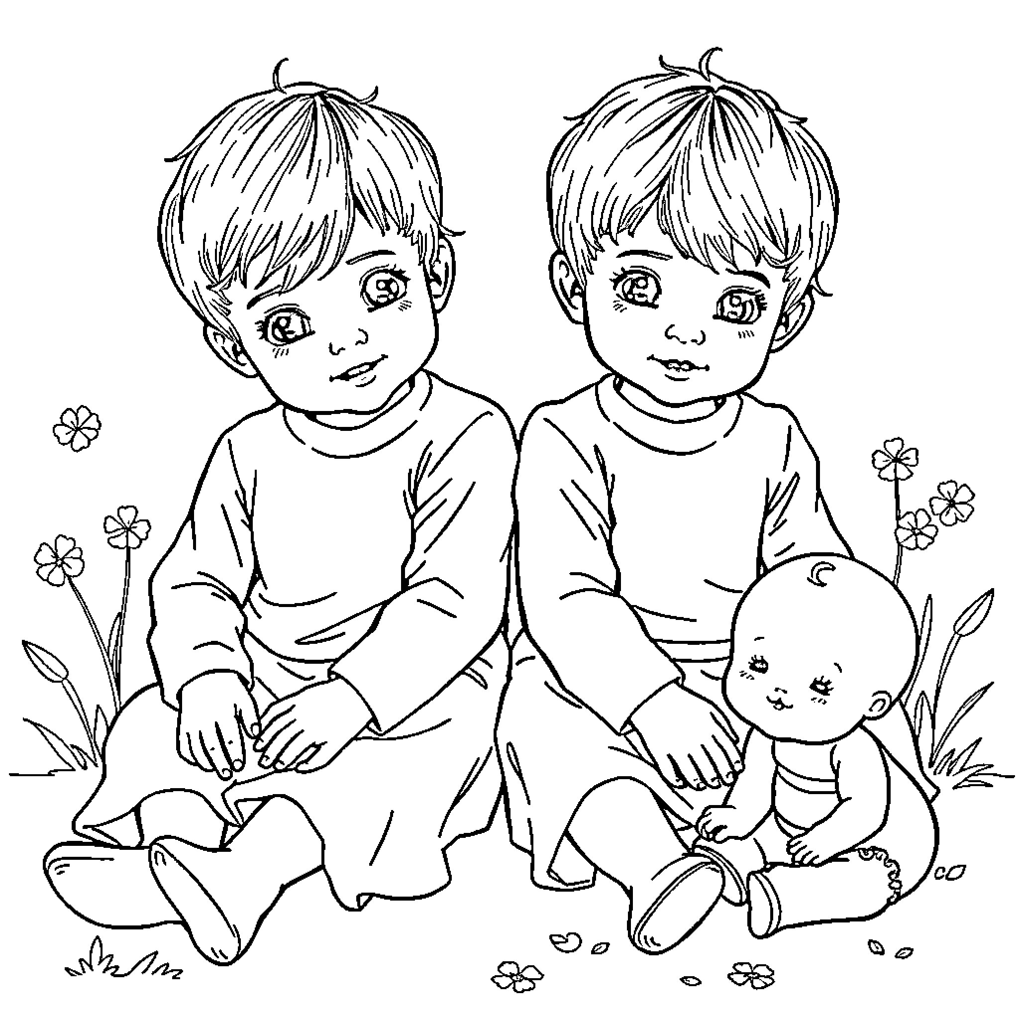 Twin boys playing with a doll in the garden Coloring Page (free black-and-white line drawing printable PDF for all, from beginners to advanced learners, including children, teens, adults, and seniors)