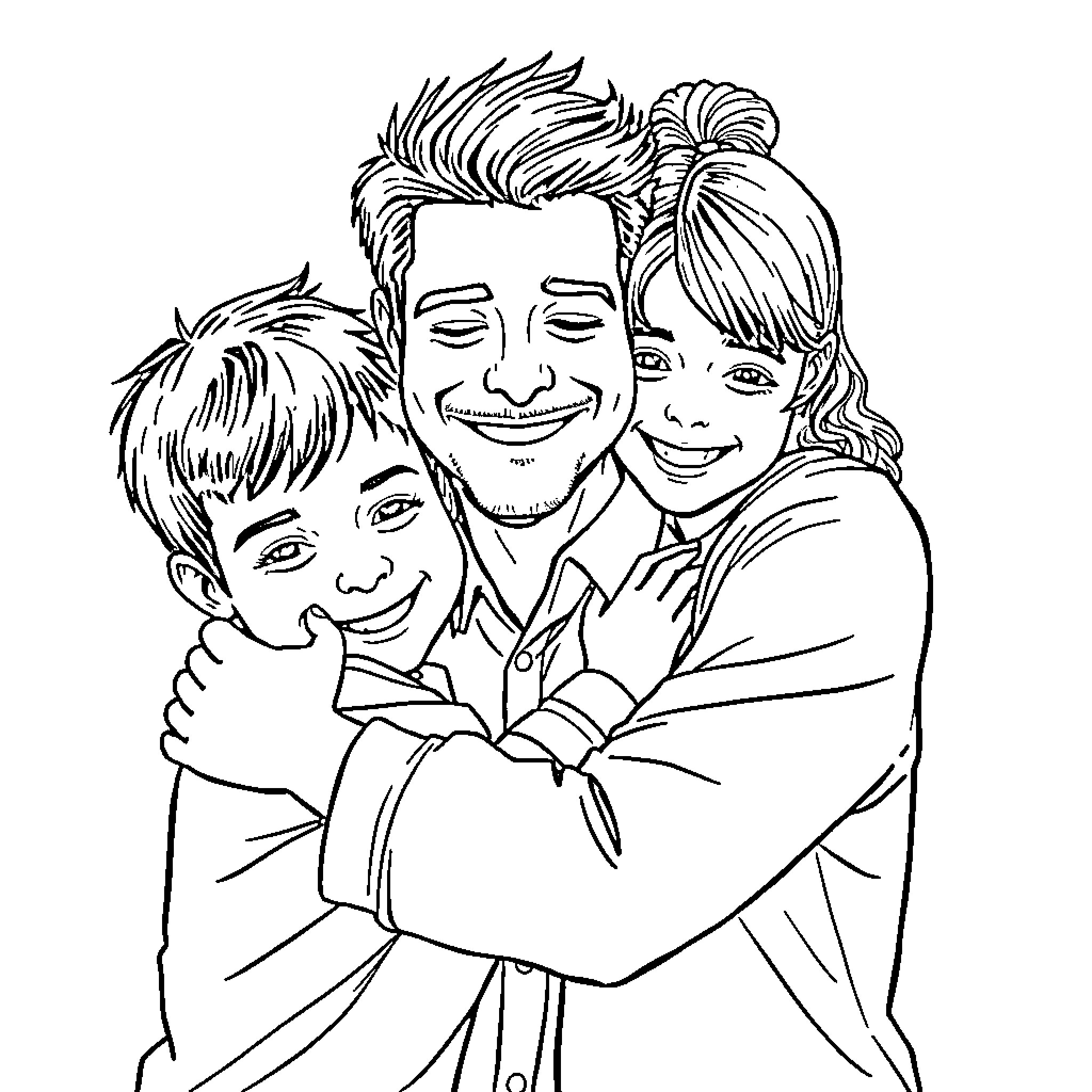 Family embracing happily together Coloring Page (free black-and-white line drawing printable PDF for all, from beginners to advanced learners, including children, teens, adults, and seniors)
