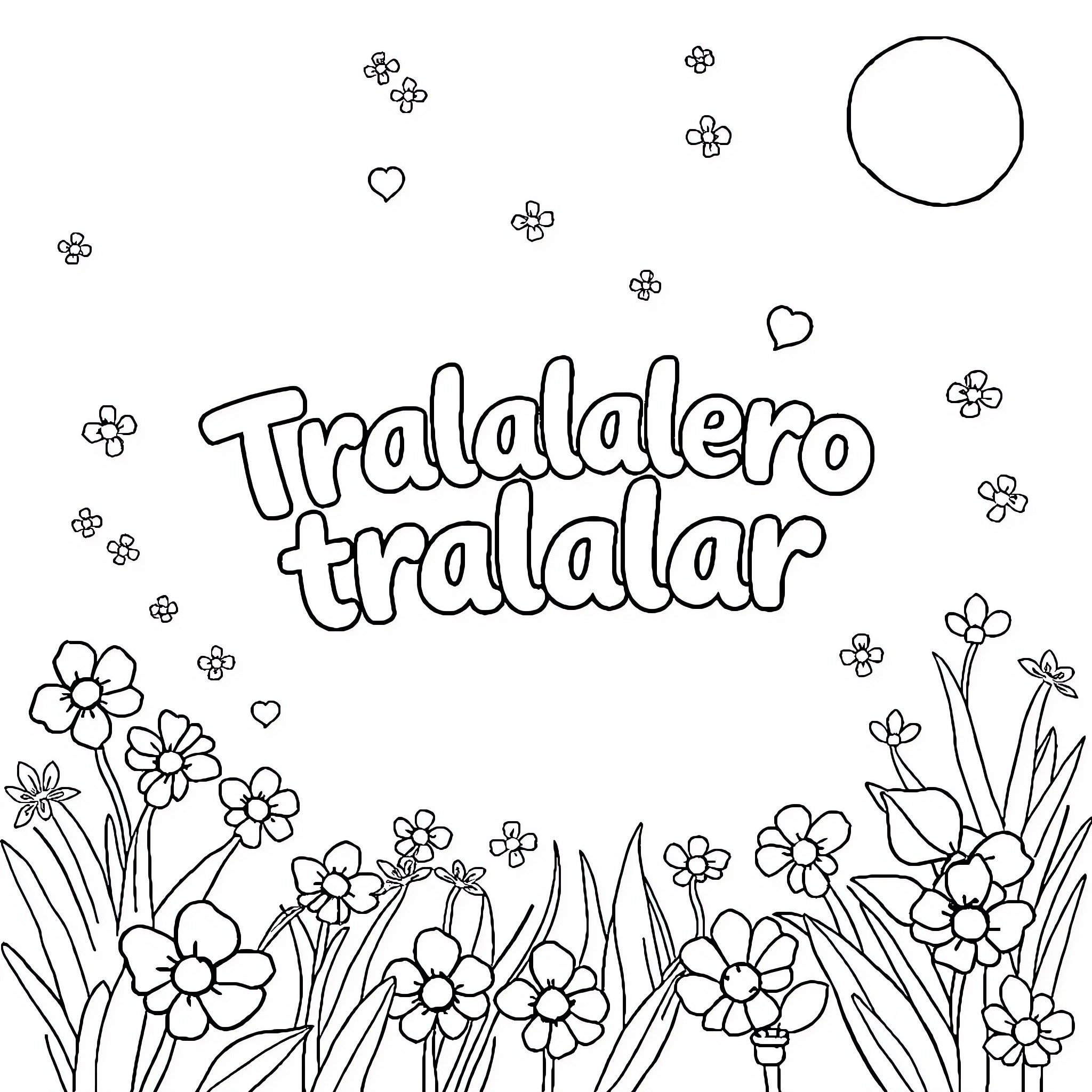 Tralalero tralalalar with flowers and hearts Coloring Page (free black-and-white line drawing printable PDF for all, from beginners to advanced learners, including children, teens, adults, and seniors)