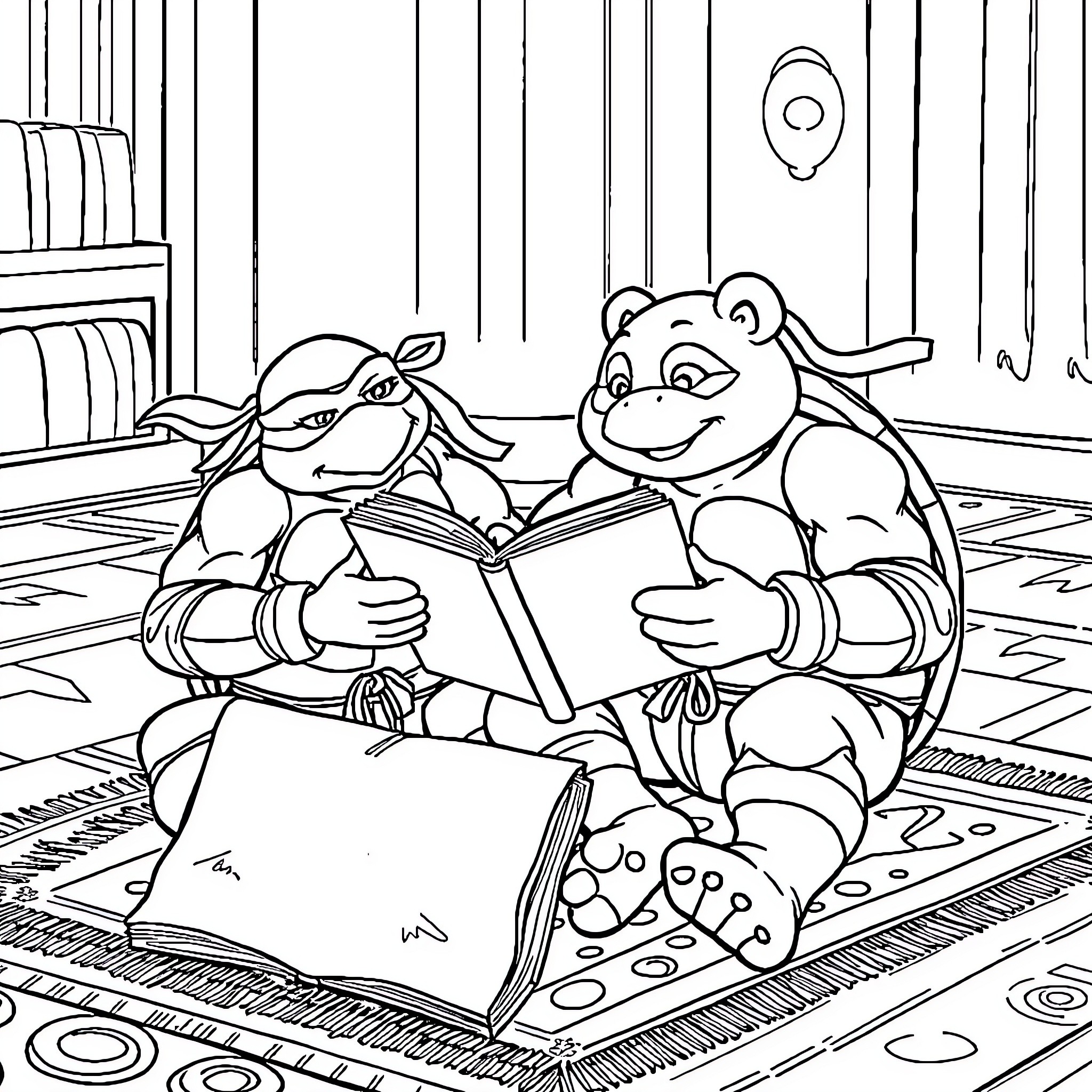 Turtle friends reading together in a cozy library Coloring Page (free black-and-white line drawing printable PDF for all, from beginners to advanced learners, including children, teens, adults, and seniors)