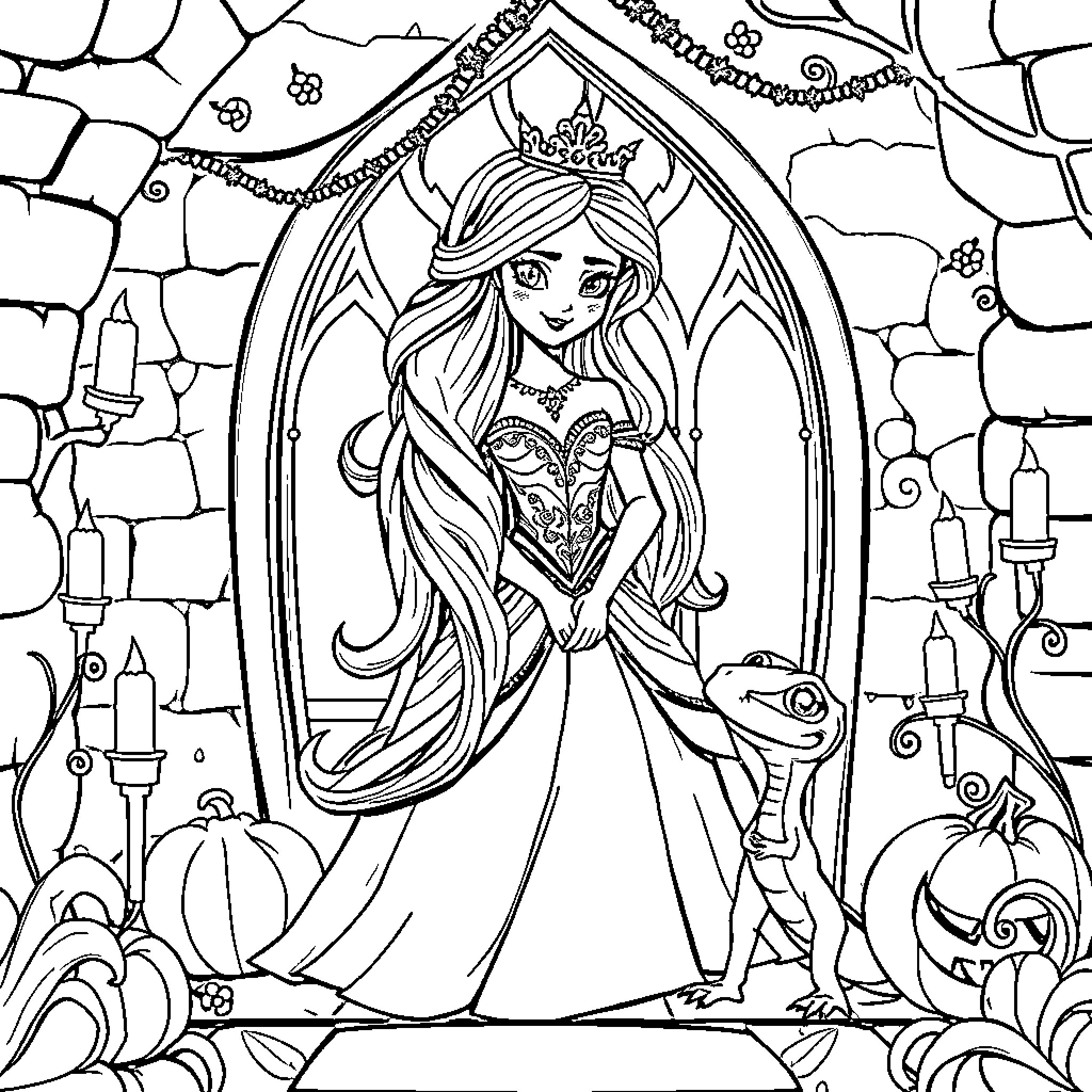 Princess in Elegant Attire within Ornate Archway Coloring Page (free black-and-white line drawing printable PDF for all, from beginners to advanced learners, including children, teens, adults, and seniors)