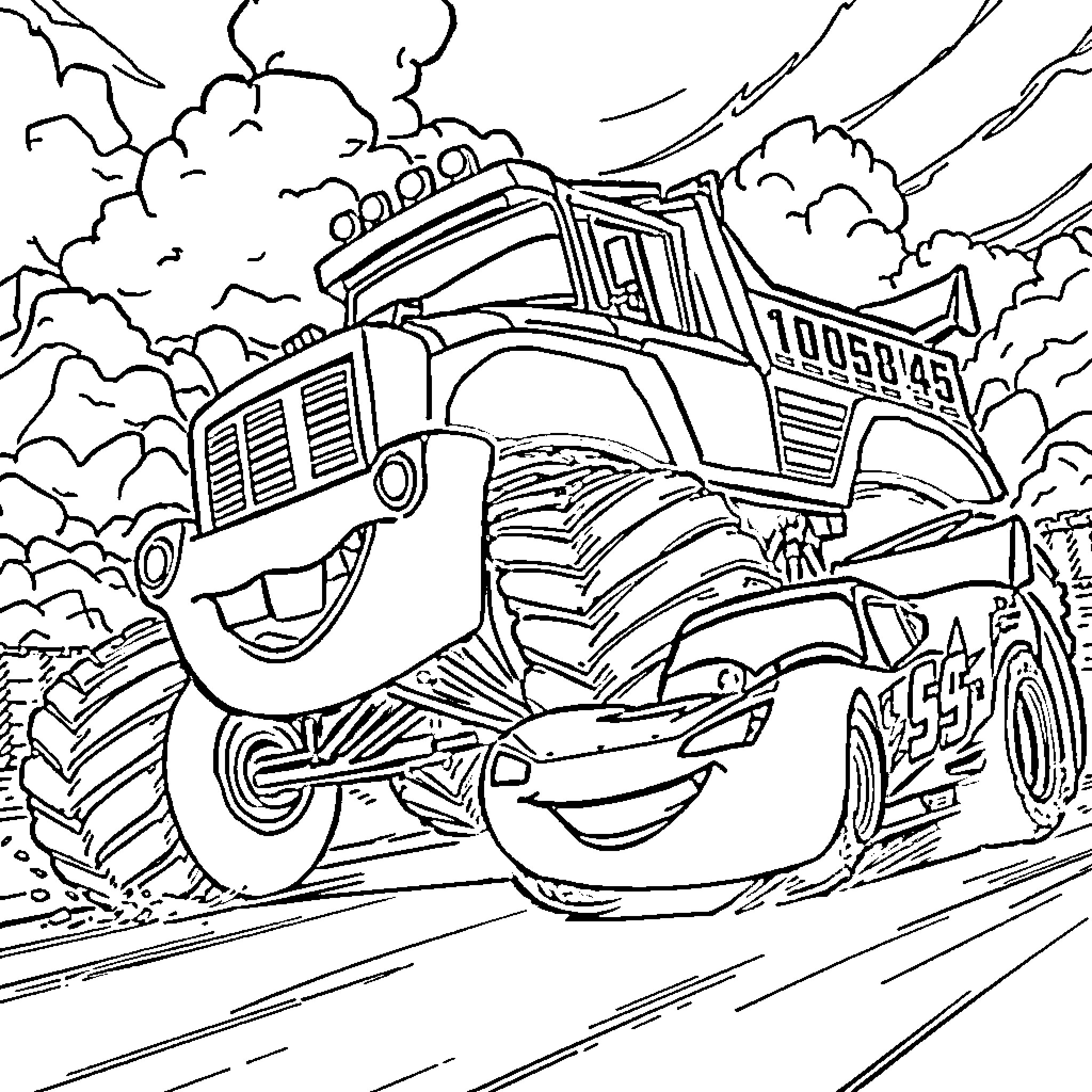 Monster Truck racing through the clouds Coloring Page (free black-and-white line drawing printable PDF for all, from beginners to advanced learners, including children, teens, adults, and seniors)