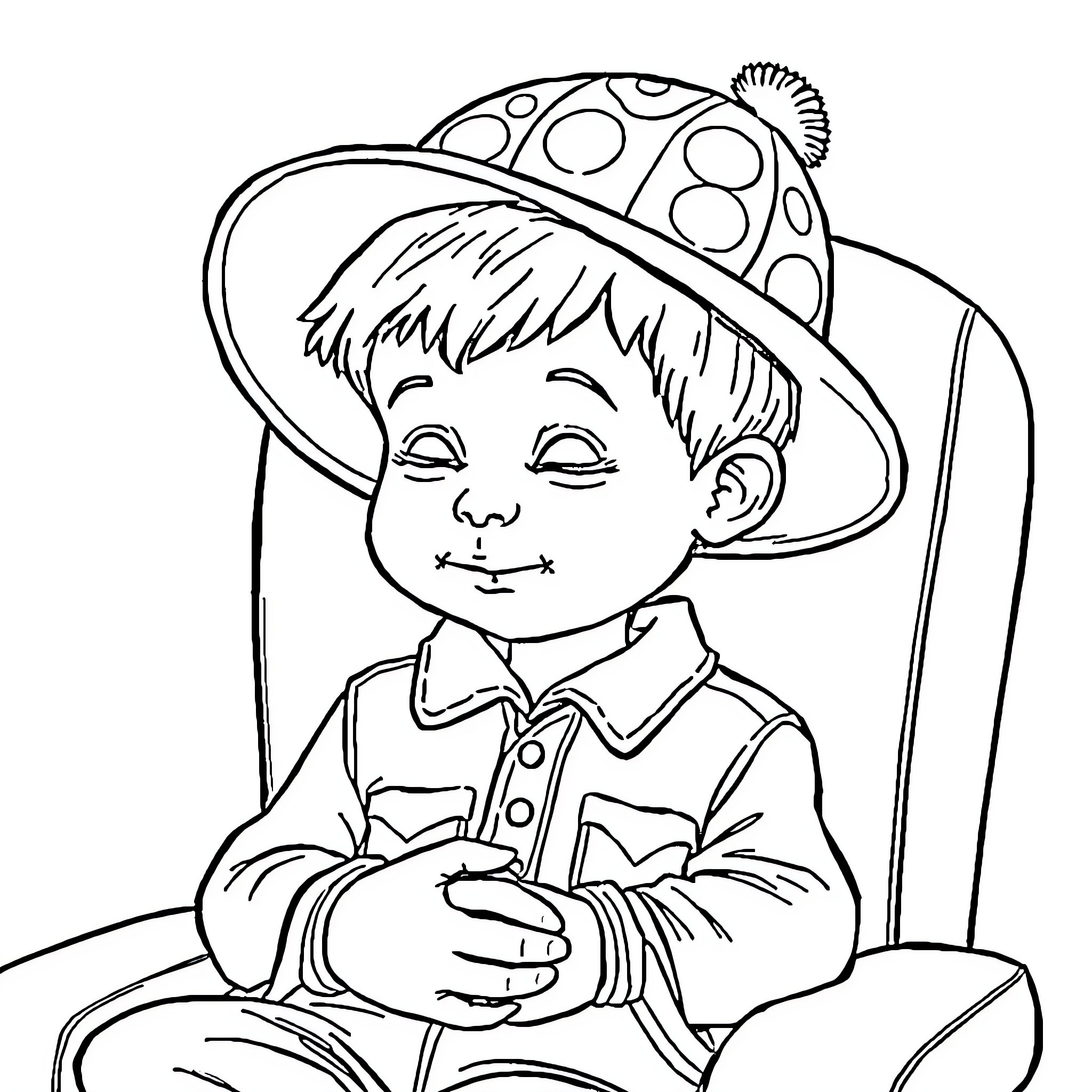 Kid wearing a spotted hat playing with toys Coloring Page (free black-and-white line drawing printable PDF for all, from beginners to advanced learners, including children, teens, adults, and seniors)