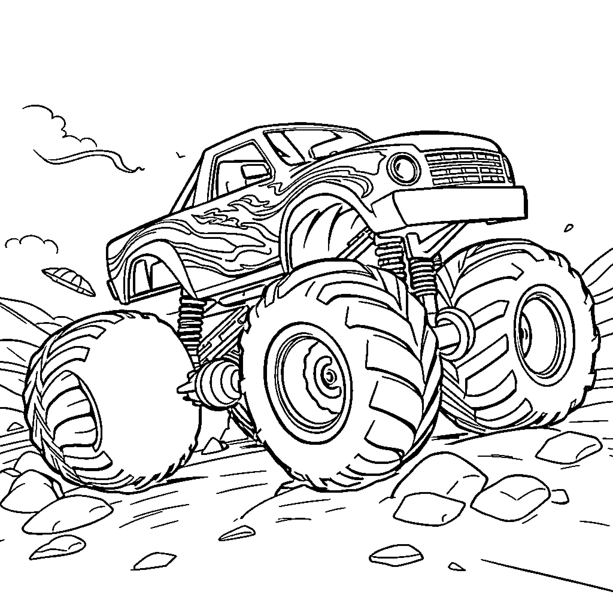 Monster Truck Crushing Rocks on Rugged Terrain Coloring Page (free black-and-white line drawing printable PDF for all, from beginners to advanced learners, including children, teens, adults, and seniors)