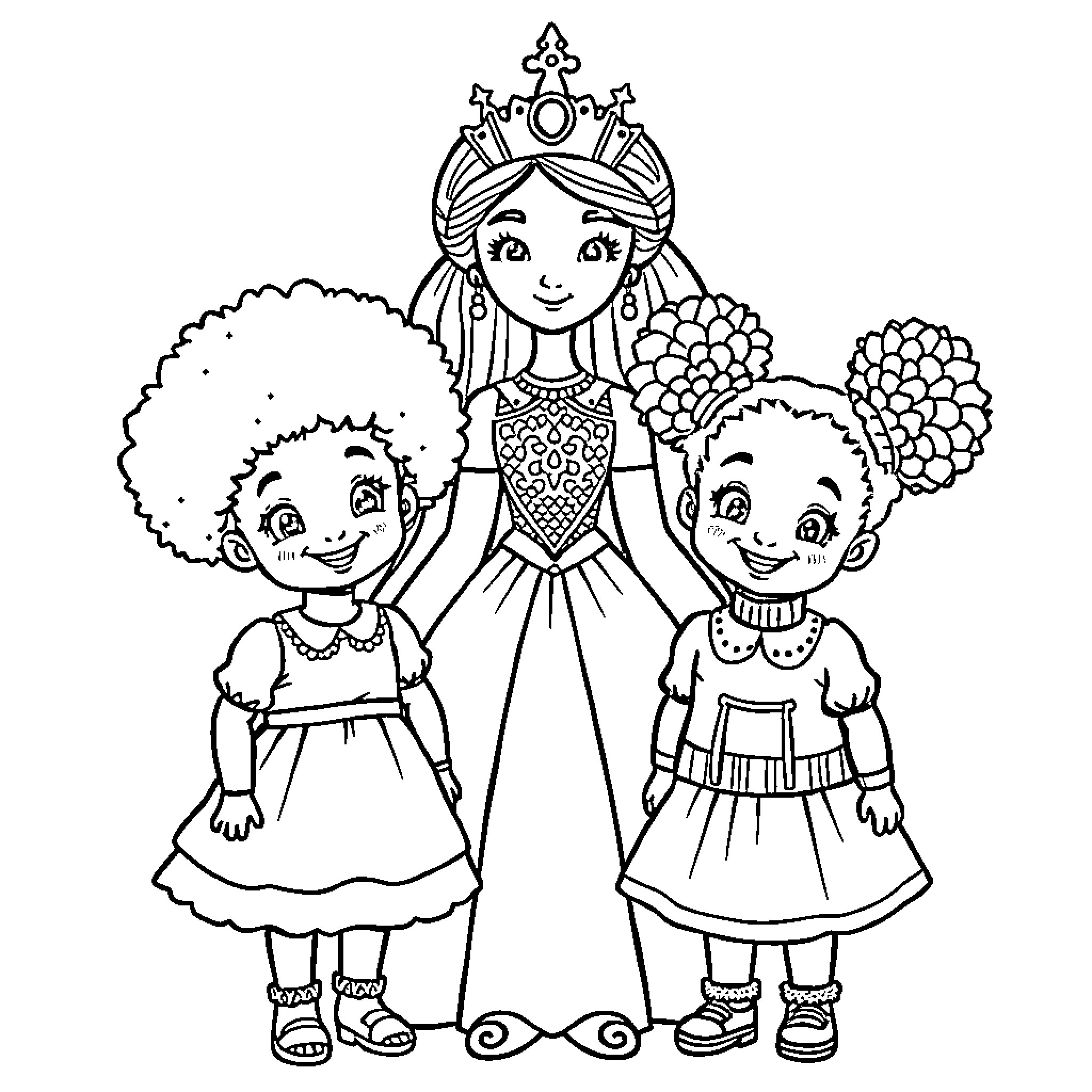 Princess and her two young companions Coloring Page (free black-and-white line drawing printable PDF for all, from beginners to advanced learners, including children, teens, adults, and seniors)