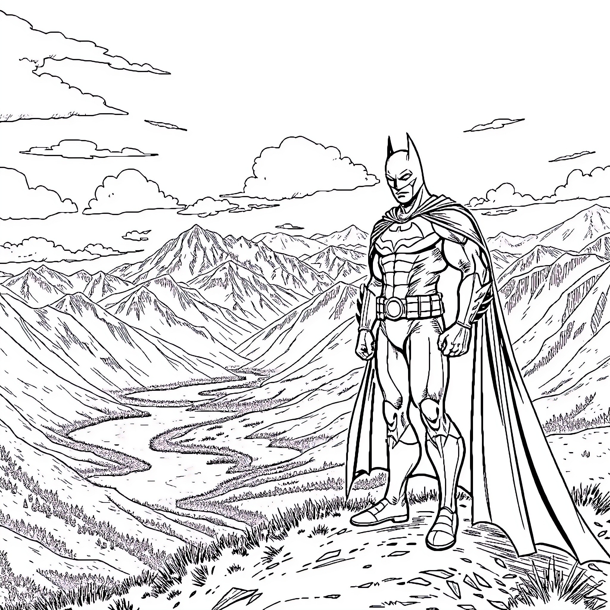 Batman Surveying the Rugged Landscape Coloring Page (free black-and-white line drawing printable PDF for all, from beginners to advanced learners, including children, teens, adults, and seniors)