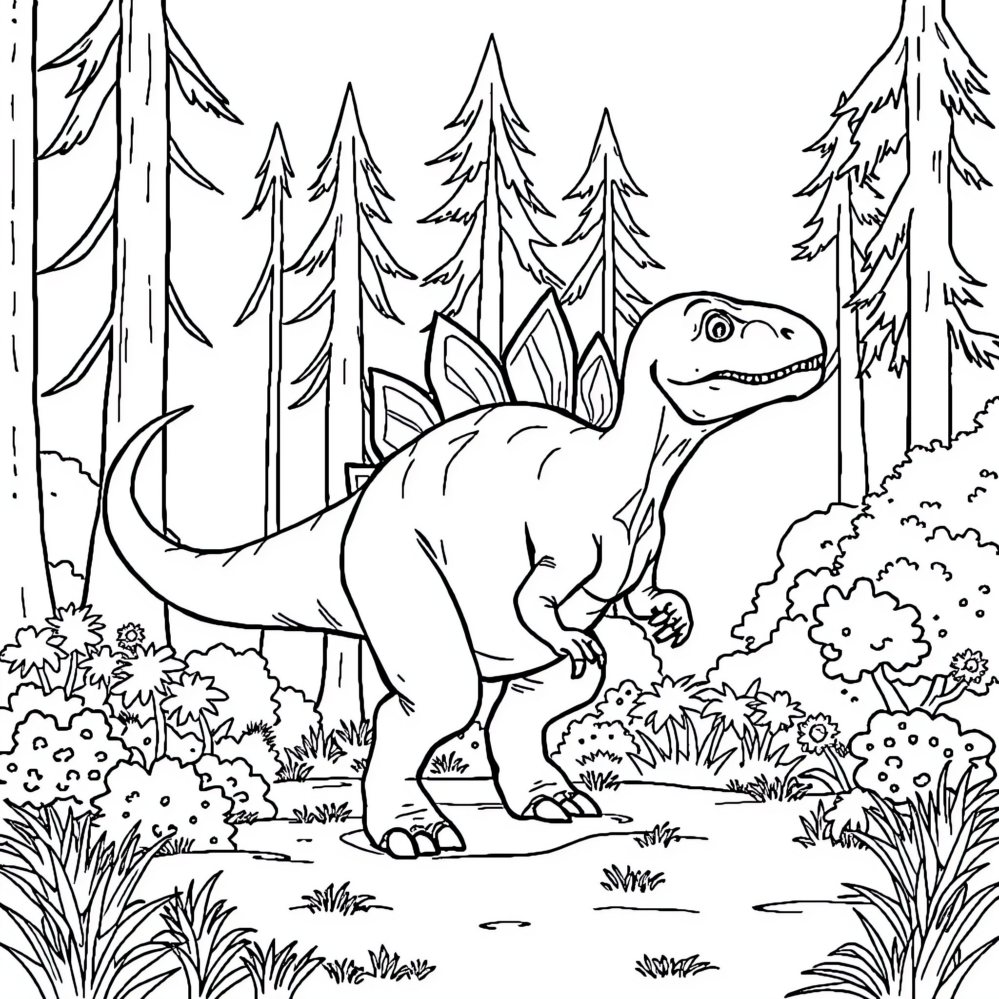 Stegosaurus exploring a lush forest landscape Coloring Page (free black-and-white line drawing printable PDF for all, from beginners to advanced learners, including children, teens, adults, and seniors)