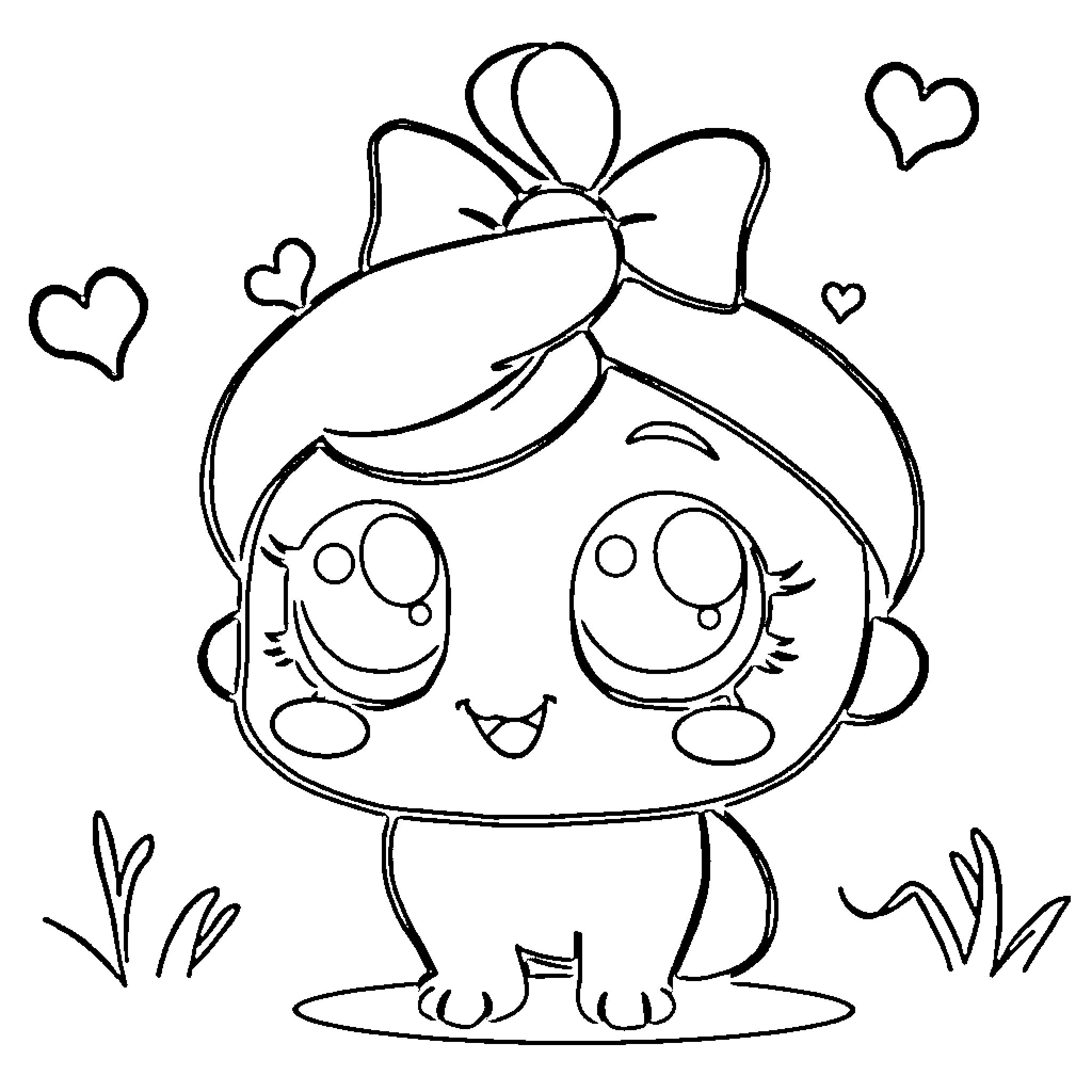 Kawaii Adorable Creature with Bow Coloring Page (free black-and-white line drawing printable PDF for all, from beginners to advanced learners, including children, teens, adults, and seniors)