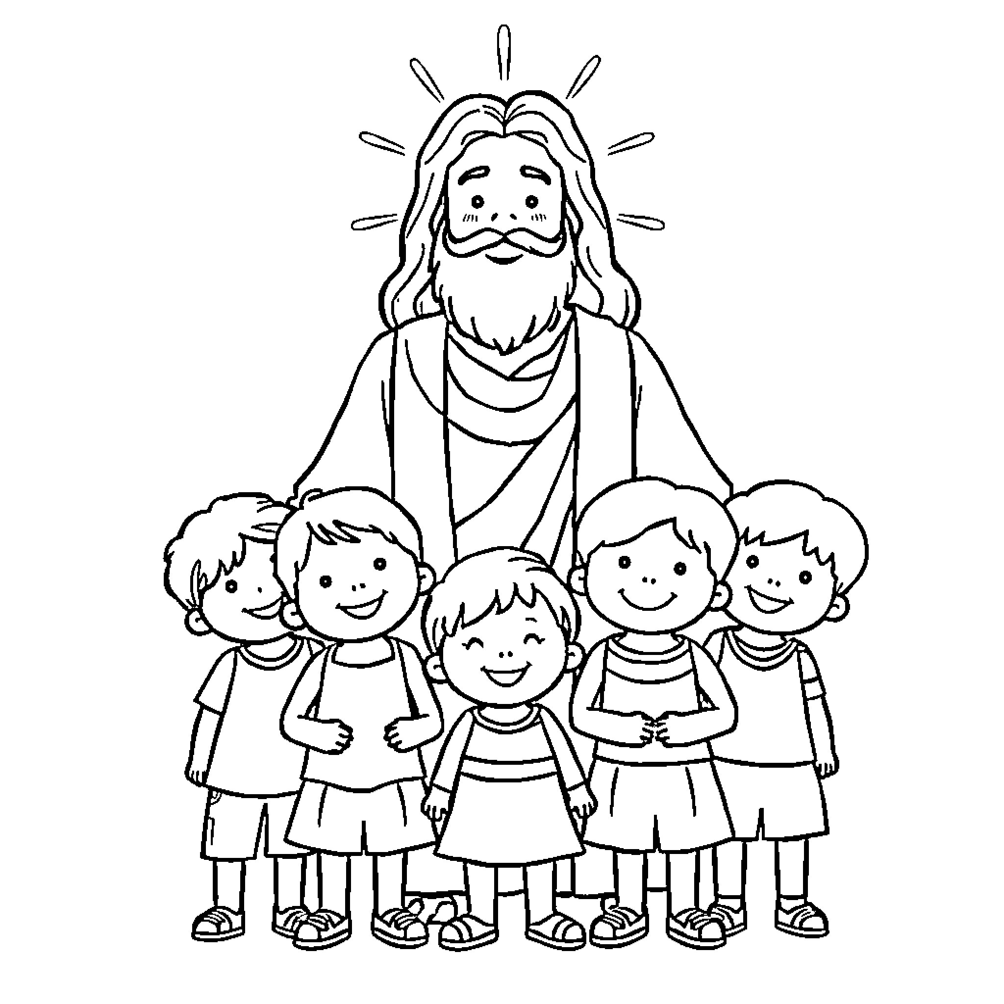 God's Loving Embrace with Children Coloring Page (free black-and-white line drawing printable PDF for all, from beginners to advanced learners, including children, teens, adults, and seniors)