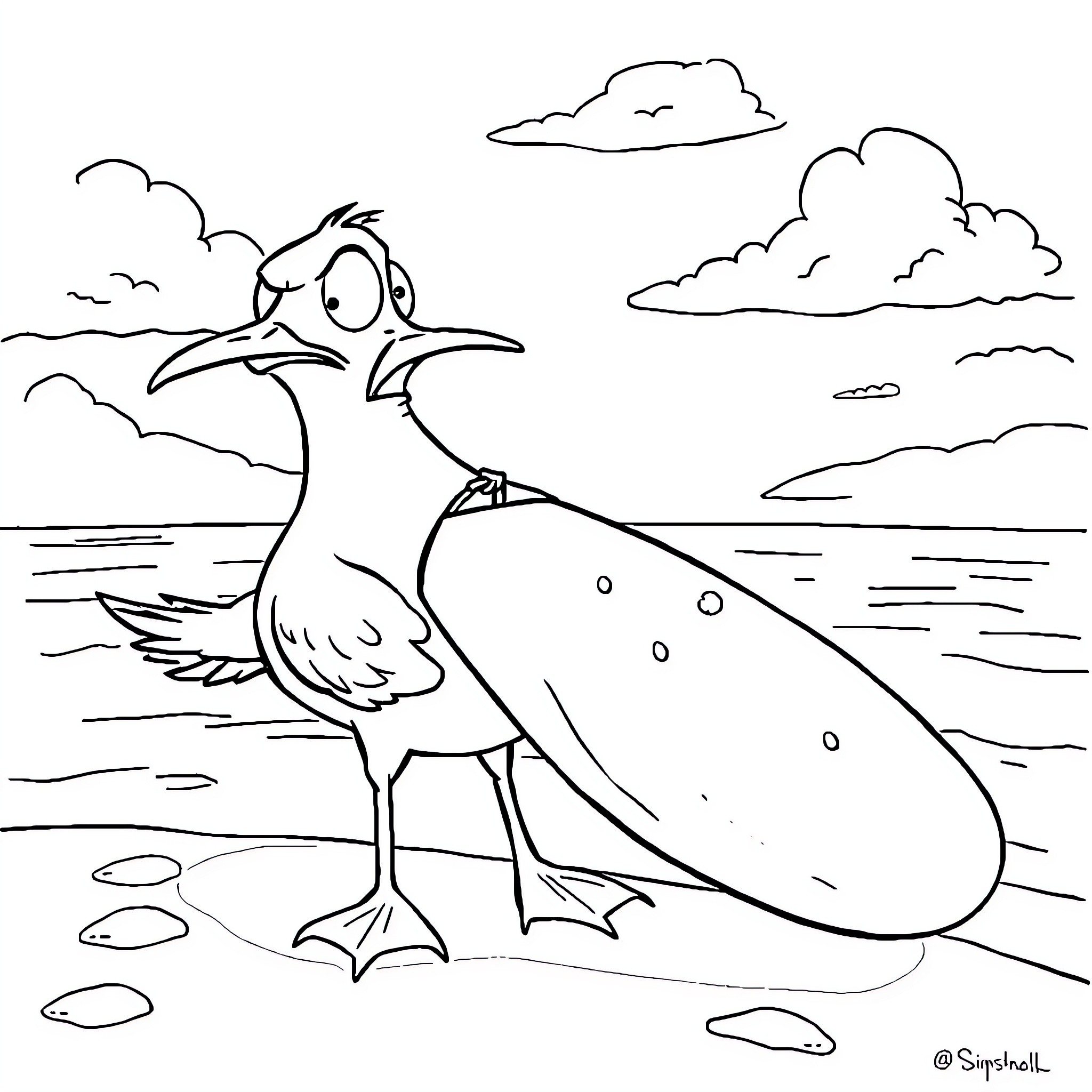 Seagull enjoying the coastal breeze Coloring Page (free black-and-white line drawing printable PDF for all, from beginners to advanced learners, including children, teens, adults, and seniors)