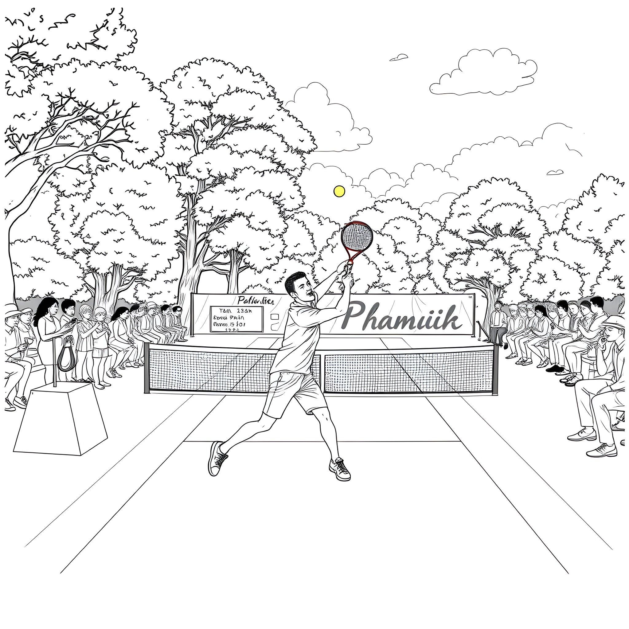 Patrik playing tennis in a park with people watching Coloring Page (free black-and-white line drawing printable PDF for all, from beginners to advanced learners, including children, teens, adults, and seniors)
